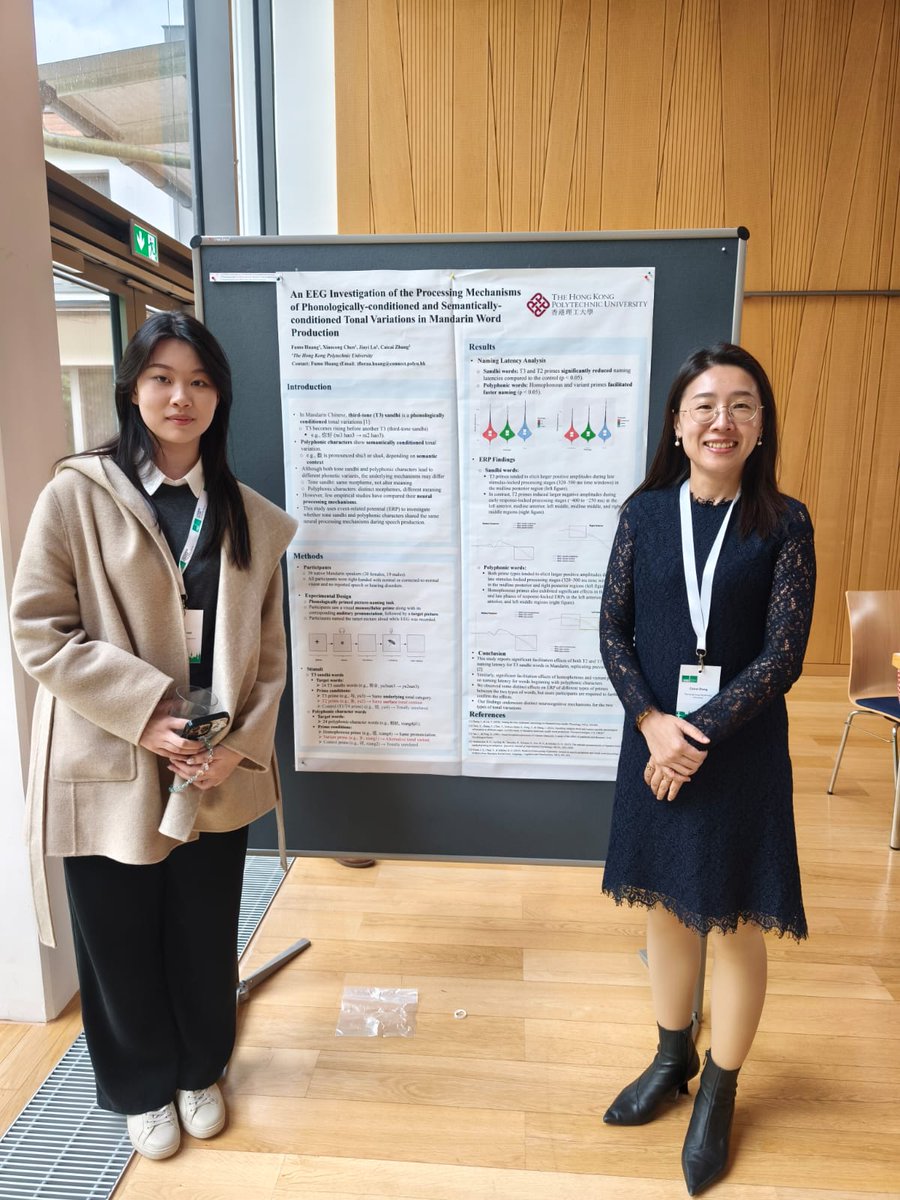 NeuroLML_Lab's tweet photo. 🥳[Conference presentation] Mphil student HUANG Fumo gave a poster presentation titled "An EEG Investigation of the Processing Mechanisms of Phonologically conditioned and Semantically-conditioned Tonal Variations in Mandarin Word Production" at TAI 2025 https://t.co/zXwRfoa4pf