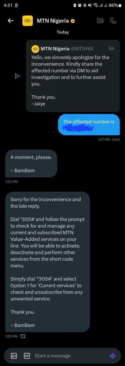 _rotiimi's tweet photo. @MTNNG Whoever sees your comment will think u guys mean well, but seeing ur response in my dm #attached further proves that it is a deliberate fraudulent act. Why am I deactivating a value-added service I never activated?? What happens to the deduction that has been made on my account? https://t.co/u2092mmSCR