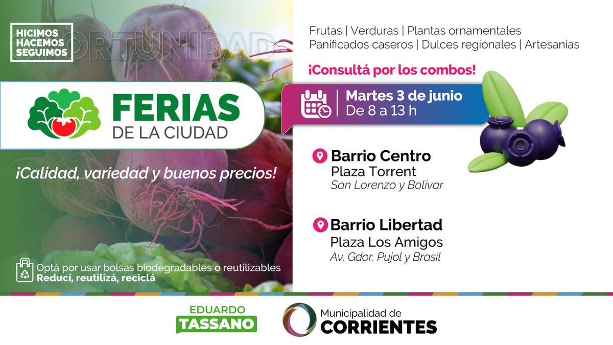🍇🥔#FeriasDeLaCiudad | Productos frescos, variedad de frutas y verduras, plantas ornamentales y dulces regionales para toda la familia.

📆 Hoy, hasta las 13
📍 Plaza Torrent
📍 Plaza Los Amigos