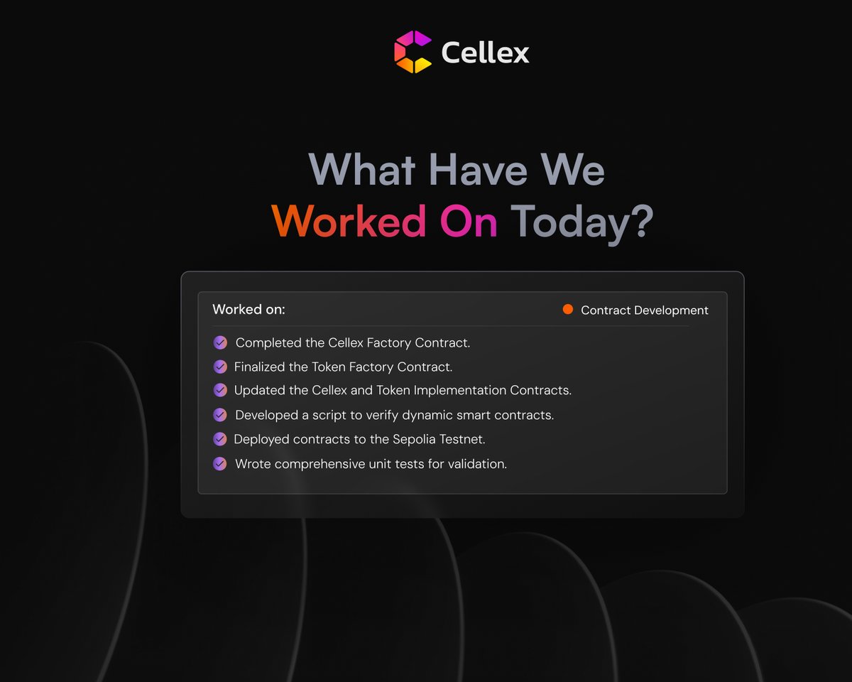 Progress never stops at Cellex
Today we made big strides on the smart contract side:

✅ Cellex + Token Factory contracts completed
✅ Testnet deployment live on Sepolia
✅ Dynamic verification script in progress
✅ Unit testing underway

We’re building it right, every line of