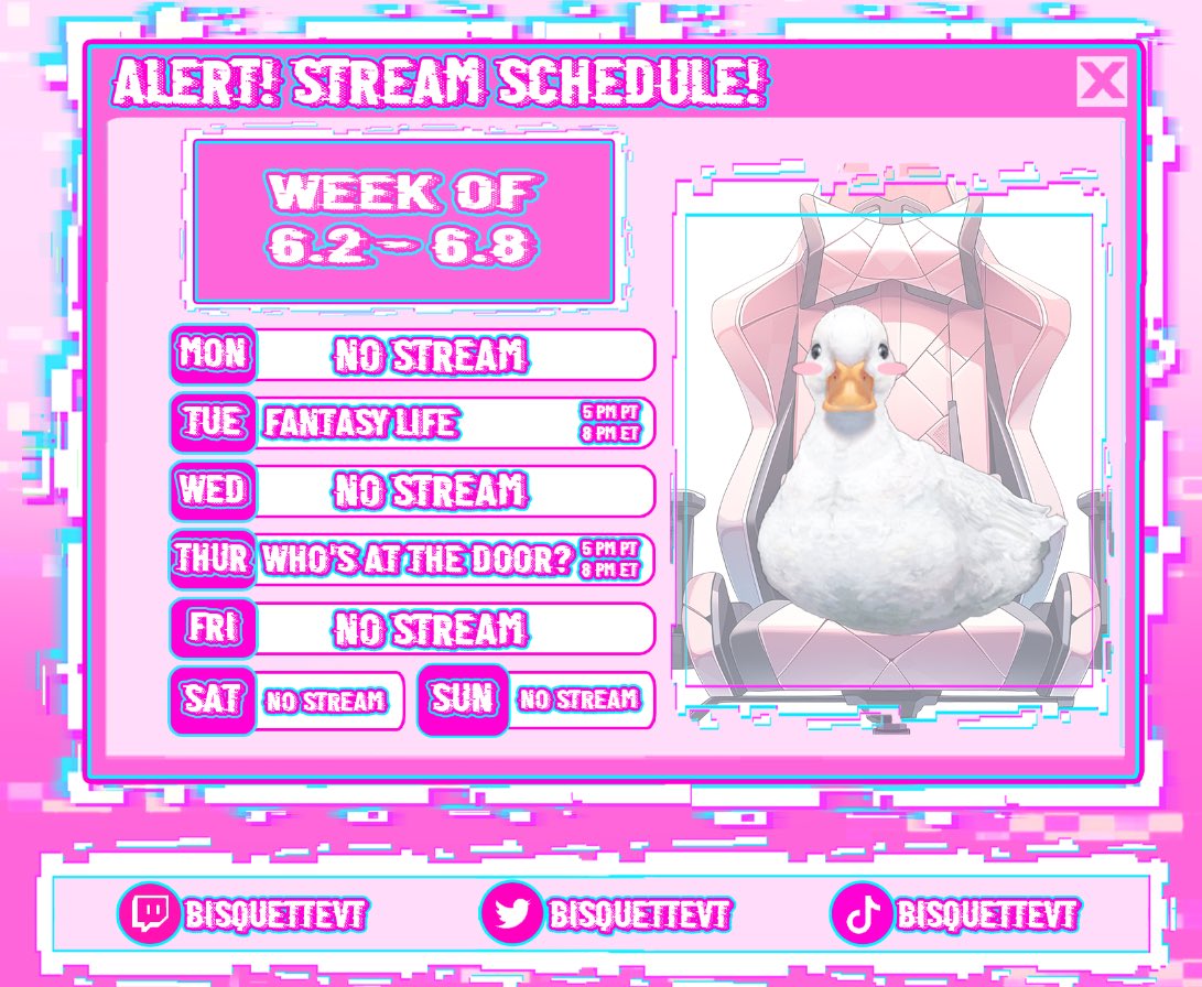 Stream schedule for this week! As usual will prob have a pop up stream not on here 🤭 #streamschedule #vtuber #twitchstreamer