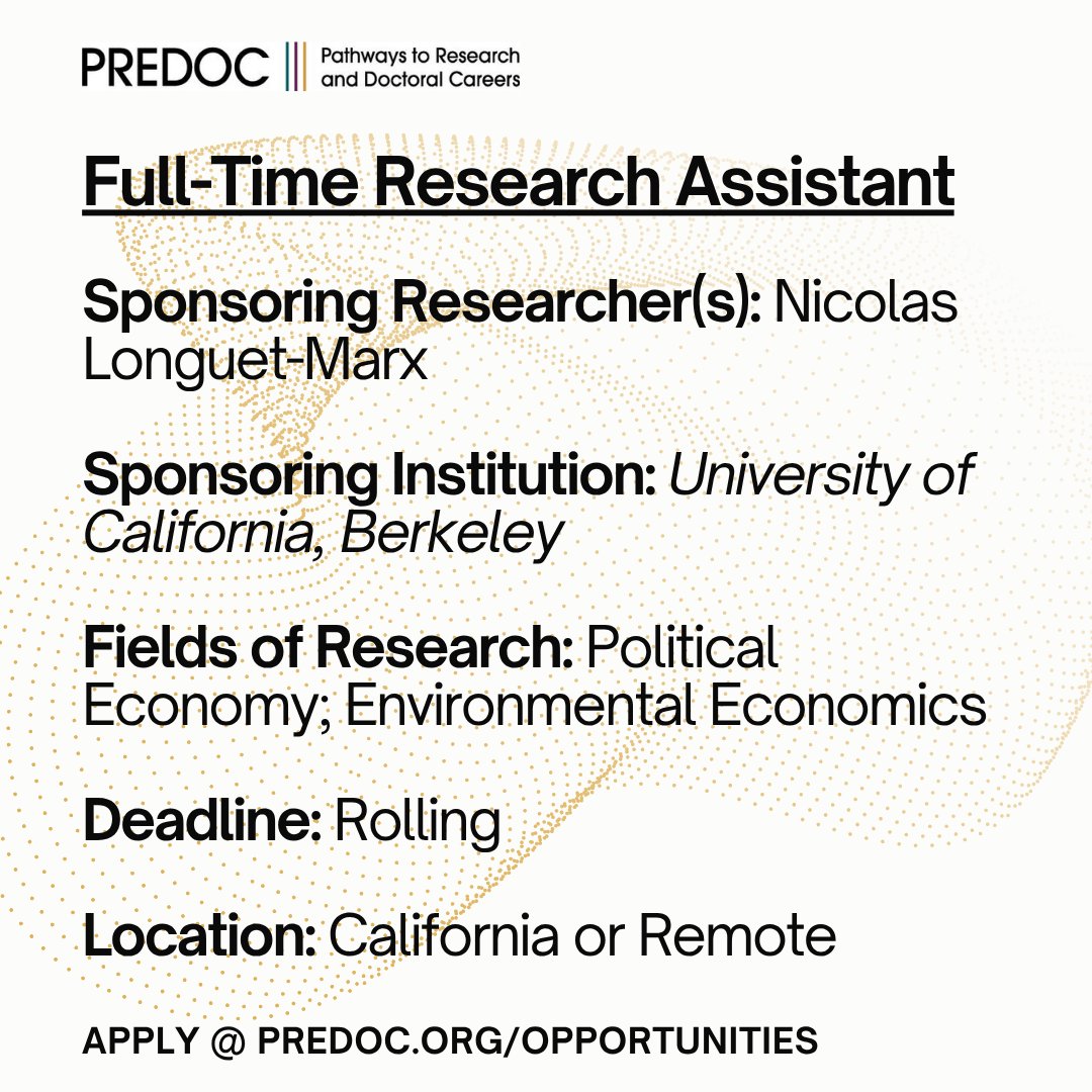 PREDOC.org (@predoc_org) on Twitter photo Incoming <a href="/berkeleyecon/">Berkeley Economics</a> Prof. Nicolas Longuet-Marx is hiring a full-time RA for the Fall!
The pre-doc will support exciting work w/ U.S. data on granular election results, campaign contributions + positioning, and employment in green + polluting sectors.
bit.ly/3Zaowmx Incoming <a href="/berkeleyecon/">Berkeley Economics</a> Prof. Nicolas Longuet-Marx is hiring a full-time RA for the Fall!
The pre-doc will support exciting work w/ U.S. data on granular election results, campaign contributions + positioning, and employment in green + polluting sectors.
bit.ly/3Zaowmx