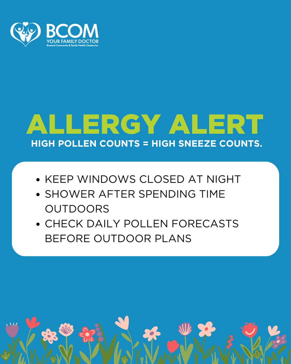 bcomhealth's tweet image. Stay ahead of seasonal sniffles and heat-related issues with a few simple steps.

BCOM Health is here to keep Broward County feeling its best this spring and beyond.

Book your checkup today: bit.ly/44dhKN9  

#BCOMHealth #SpringWellness #FloridaHealthTips #AllergySeason