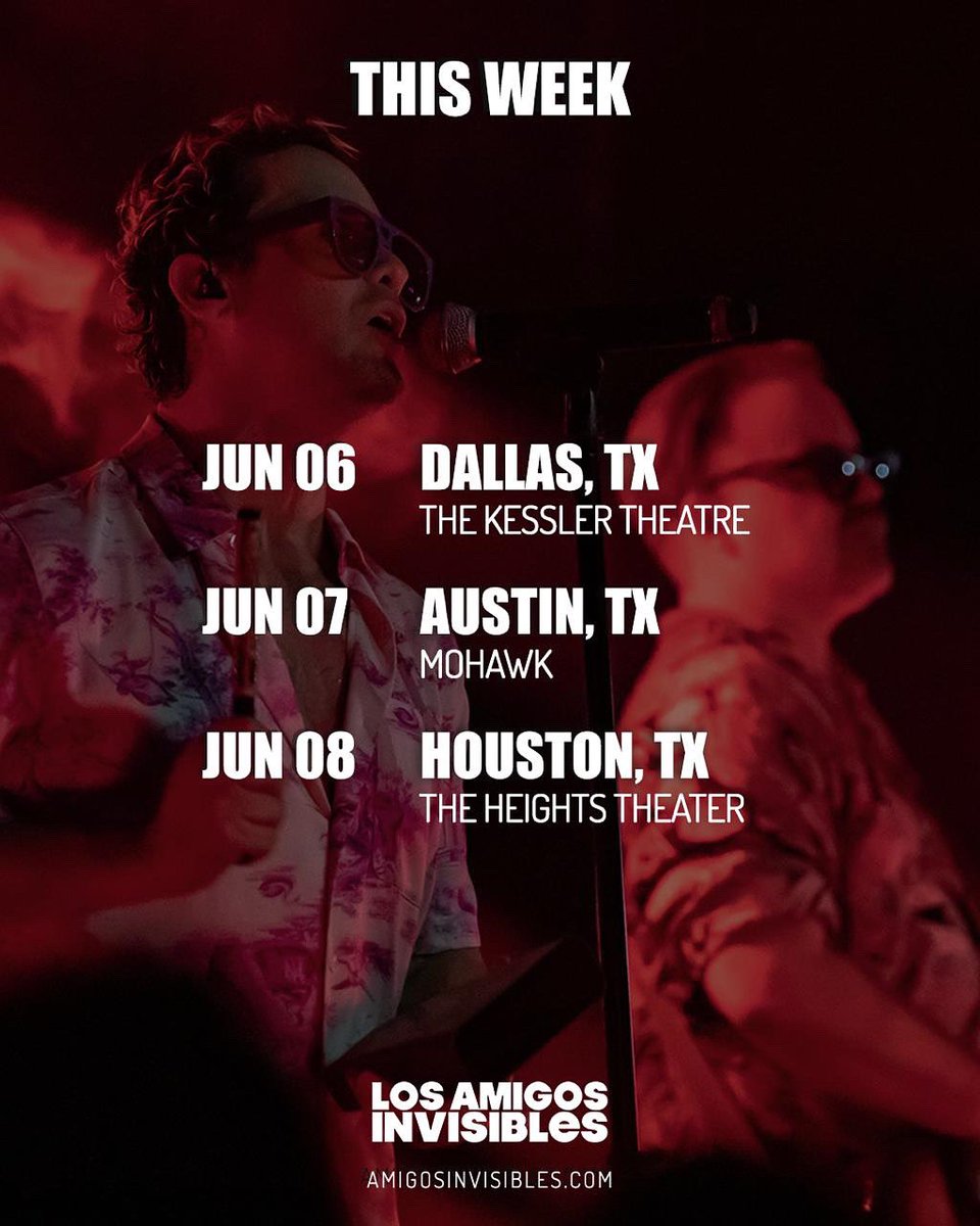 Los Amigos Invisibles (@amgsinvisibles) on Twitter photo Esta semana regresamos a #TEXAS 🤠🌵🇺🇸
• 06/06 - Dallas / <a href="/KesslerTheater/">The Kessler Theater</a>
• 07/06 - Austin / <a href="/mohawkaustin/">Mohawk Austin</a>
• 08/06 - Houston / #theHeightsTheatre
¿A quién vemos por allá? #WikiWikiTour #LosAmigosInvisiblesl Esta semana regresamos a #TEXAS 🤠🌵🇺🇸
• 06/06 - Dallas / <a href="/KesslerTheater/">The Kessler Theater</a>
• 07/06 - Austin / <a href="/mohawkaustin/">Mohawk Austin</a>
• 08/06 - Houston / #theHeightsTheatre
¿A quién vemos por allá? #WikiWikiTour #LosAmigosInvisiblesl