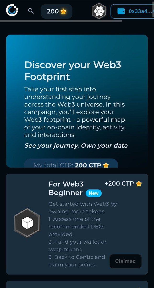 🧵1/ Discover Your Web3 Footprint with Centic 🌐

You’ve done more in Web3 than you realize…

But have you ever seen your full footprint?

The blockchain never forgets — and now it’s time you remembered too.

Here’s how to explore it 👇
#Web3 #Centic #TGE 
 #Centic