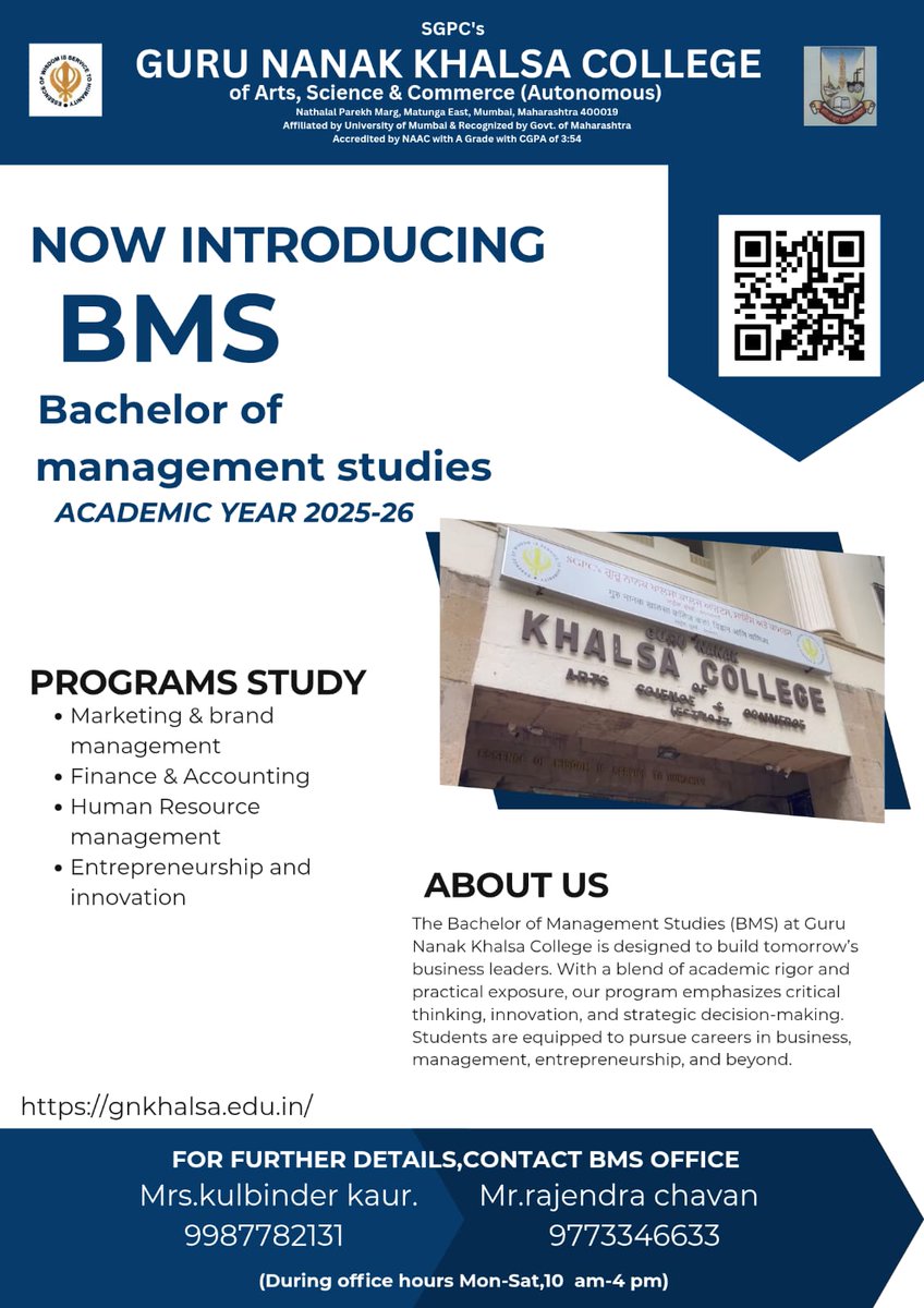 gnkc_bmsaicte's tweet photo. Dreaming of a career in business?✨
Introducing BMS - Bachelor of Management studies at Guru Nanak Khalsa College!
#BMS #Introduction #UndergraduateProgram #ManagementStudies #CollegeAdmissions #FutureLeaders #Marketing #Finance #HR #Entrepreneurship #CareerGoals https://t.co/vGcQAwtDVd
