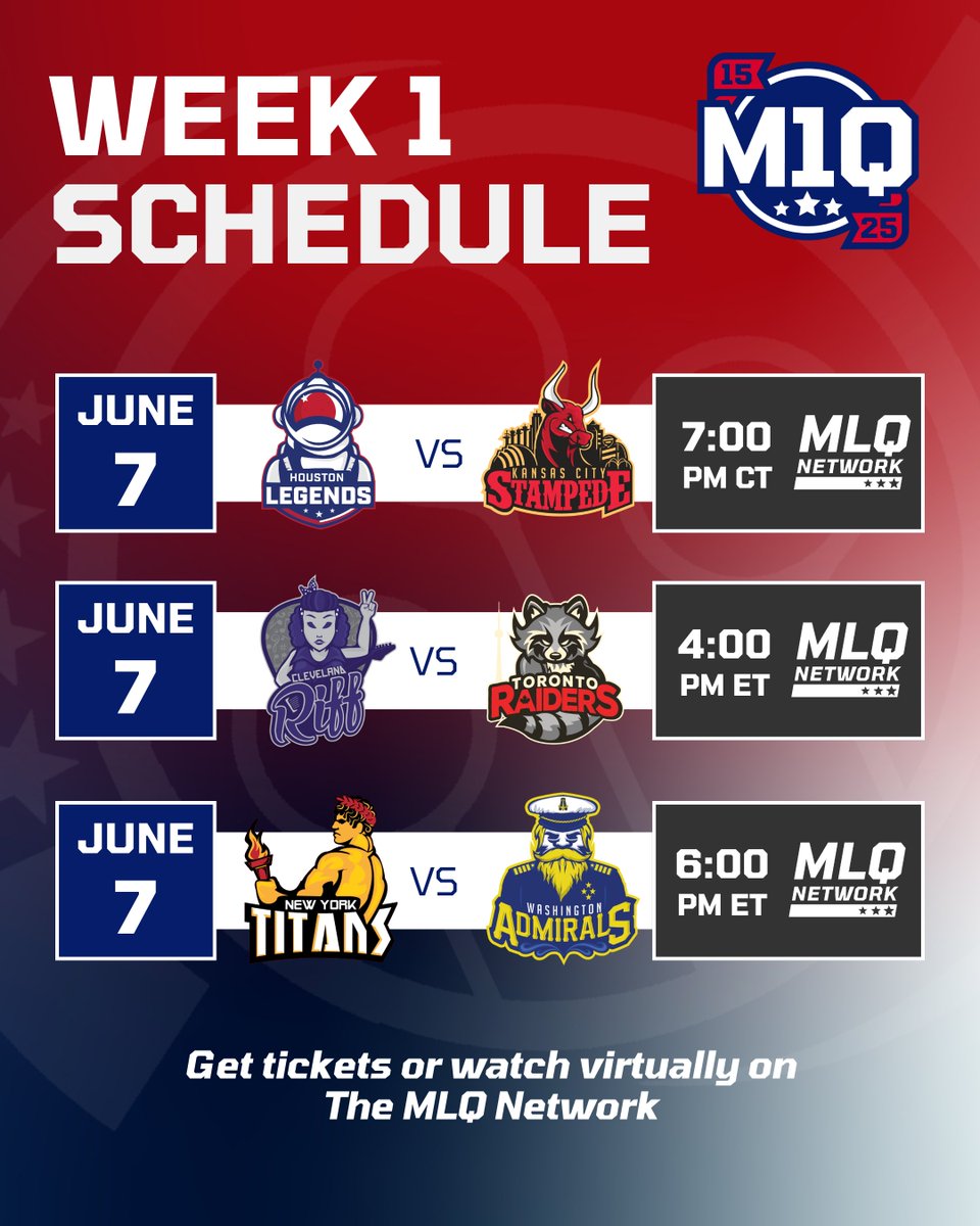 Our monumental 10th anniversary season kicks off this weekend!

<a href="/MLQLegends/">Houston Legends</a> vs. <a href="/MLQStampede/">Kansas City Stampede</a>
<a href="/MLQRiff/">Cleveland Riff</a> vs. <a href="/mlqraiders/">Toronto Raiders</a>
<a href="/MLQTitans/">New York Titans</a> vs. <a href="/MLQAdmirals/">Washington Admirals</a>

🎟️Get tickets: ticketleap.events/events/mlquadb…
📺Watch live: youtube.com/@mlquadball

#M1Q