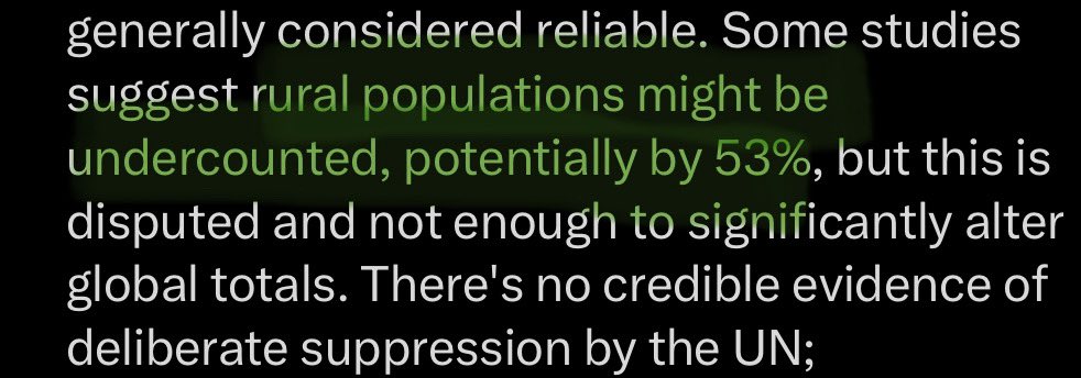 realshitpost3's tweet photo. @crazymoments__ @grok @ace_constantine @victoresakex @MrBeast Nah, because if try opening your eyes, it says “rural populations” not “global population” and which are the more sparsely populated areas in countries. So no, it wouldn’t be off by 2-3 billion due to there being LESS PEOPLE in these rural areas. 53% is still pretty high though. https://t.co/m1LfBnXu9F