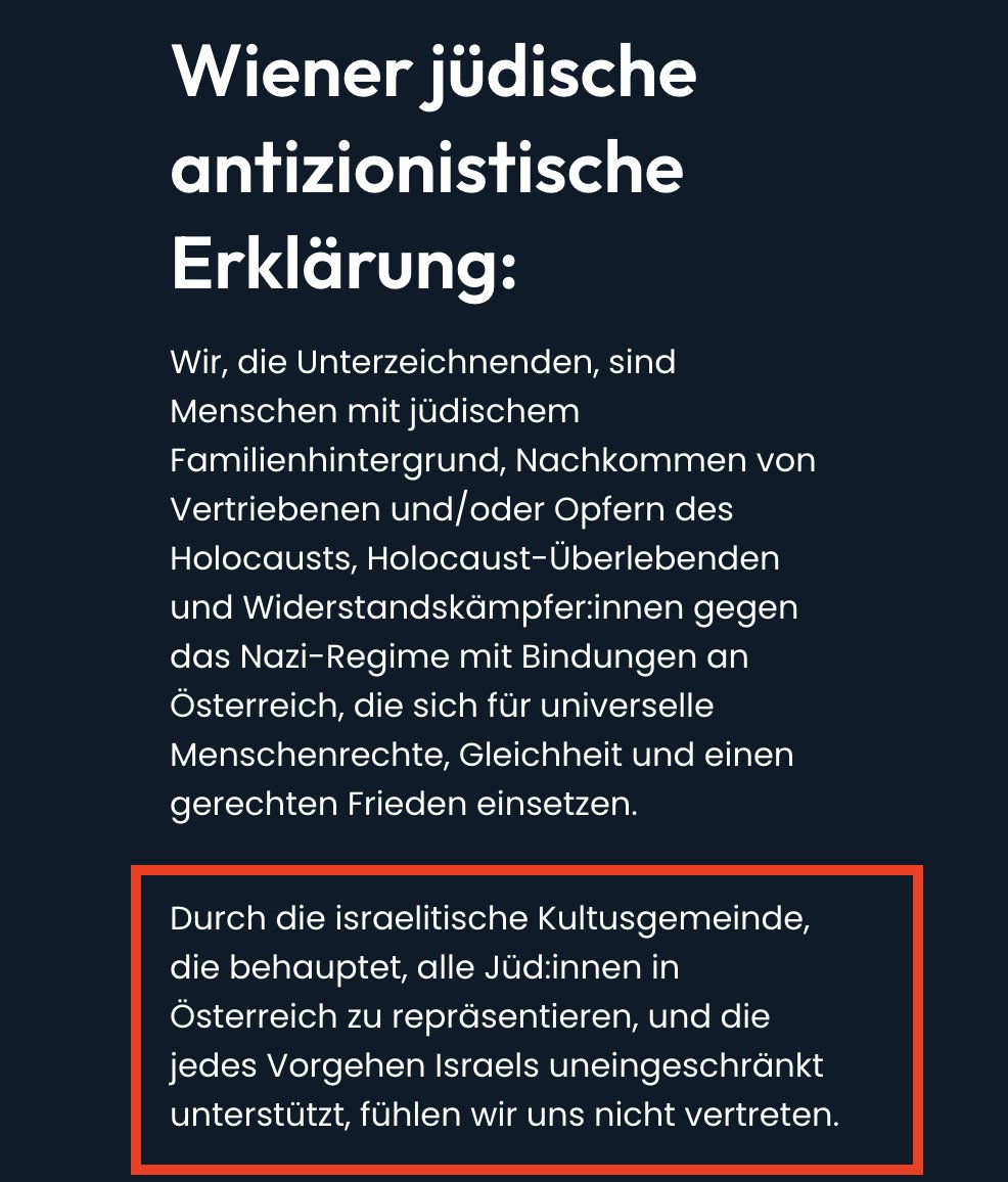 Spricht <a href="/DeutschOskar/">Oskar Deutsch</a>  eigentlich im Namen jüdischer Österreicher:innen oder doch lieber direkt für die israelische Regierung? Nur damit wir’s einordnen können.

Quelle: juedisch-antizionistisch.at/#wiener-erklae…

<a href="/JAZK_AT/">Jewish Anti-Zionist Congress</a>