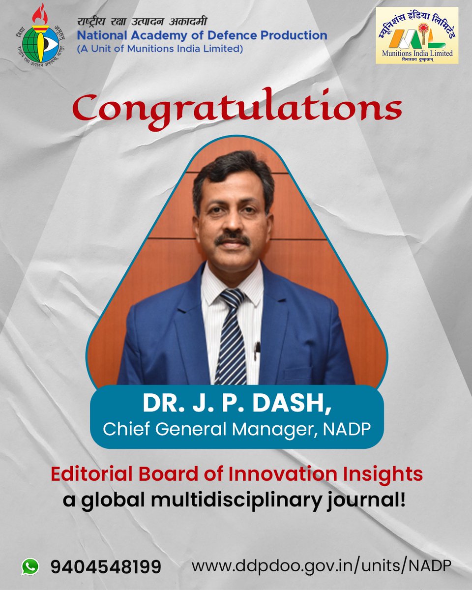 nadpnagpur's tweet image. 🎉 Honoured to share that Dr. J. P. Dash, CGM, #NADP, has joined the Editorial Board of Innovation Insights—a global multidisciplinary journal!
A proud moment for NADP and a testament to his academic leadership.
 #InnovationInsights #EditorialBoard #PublicService