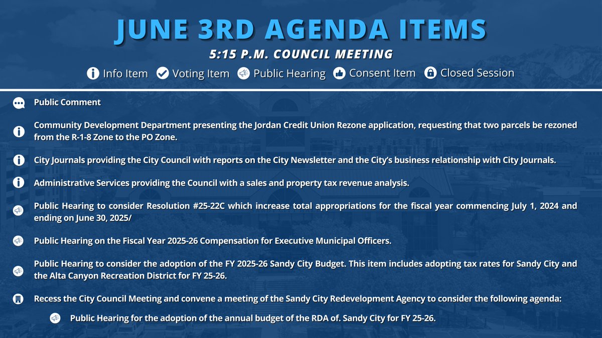 Who is joining us for tomorrow's City Council Meeting? Here are the items on the June 3rd Agenda. 

You can read the full agenda here: tinyurl.com/mwj2pme5

If you are planning on joining us on Zoom, register ahead of time here: bit.ly/SandyCouncilMe…