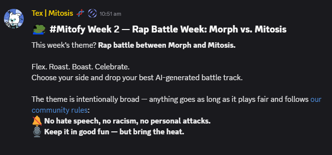 prob_nothing_'s tweet photo. Next up will be our #Mitofy week 2 event
TLDR :
Write original English lyrics (<2.5 min) on this week’s theme and generate a full song with AI tools.
Post on Twitter/X with #Mitofy and either #TeamMitosis or #TeamMorph (must choose one).
Submit your tweet link in 🗳ㅣmitofy-submission.
This week, 10 entries per team will be randomly shortlisted (20 total).
Sensei and miArtist will vote anonymously.
Rewards (each team):
1st & 2nd→ 1 Morphie NFT each
3rd–5th→ 0.2 MORSE each
6th–10th→ 0.1 MORSE each
Not too sure how many more of these juicy events will there be .. but take part while it last ...
With AI, it will save 80% of your time ..
There's no poor people, Only Lazy people ~
@MitosisOrg @Morse_404