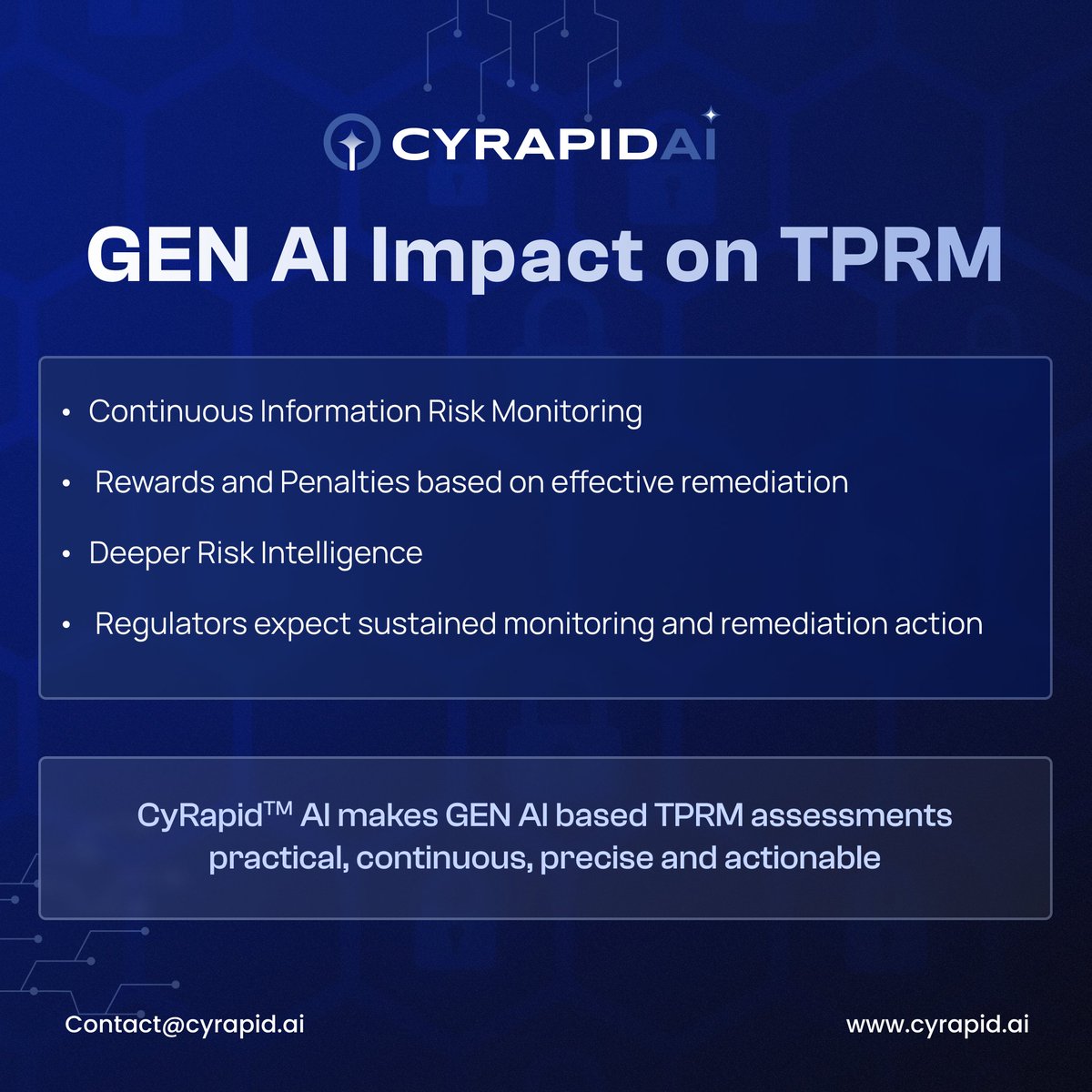 CYRAPID_GenAI's tweet image. #GenAI is transforming #TPRM.

From real-time control evaluation to continuous risk monitoring, it’s driving precision and insights.
#CYRAPID AI brings clarity to complex vendor risk management.

Not just faster, but precise and smarter.
#CyberRisk #VendorRisk #RiskAssessment