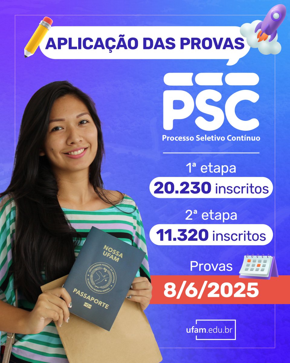 🎓 Atenção, candidatos do PSC!

As provas acontecem neste domingo, 8 de junho, e estamos na contagem regressiva! ⏳

🕖 A entrada nos locais de prova será das 7h às 8h (horário de Manaus)

Boa sorte a todos! 🍀

Acesse o edital: compec.ufam.edu.br