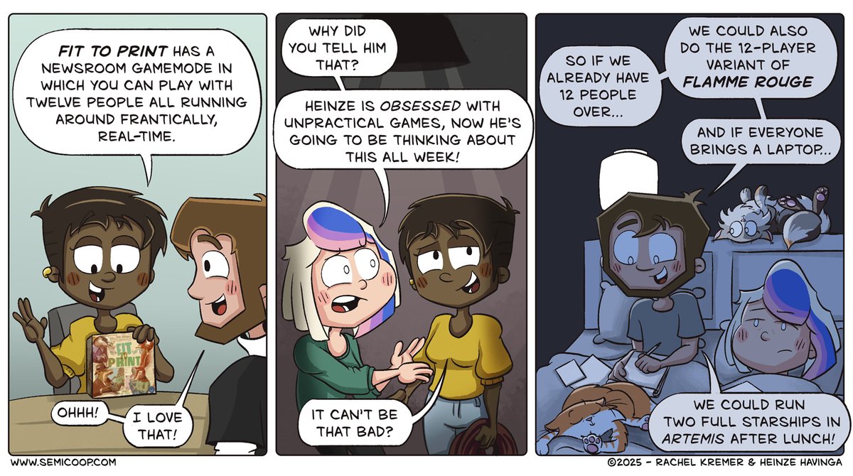 semicoop's tweet image. New comic! Breaking news: Local gamer hears ‘12-player real-time’ and spirals into an overambitious planning frenzy. 🗞️🚨
You can read this week's blog post at
semicoop.com/comic/fit-to-b…
#boardgames #fittoprint @alderac
