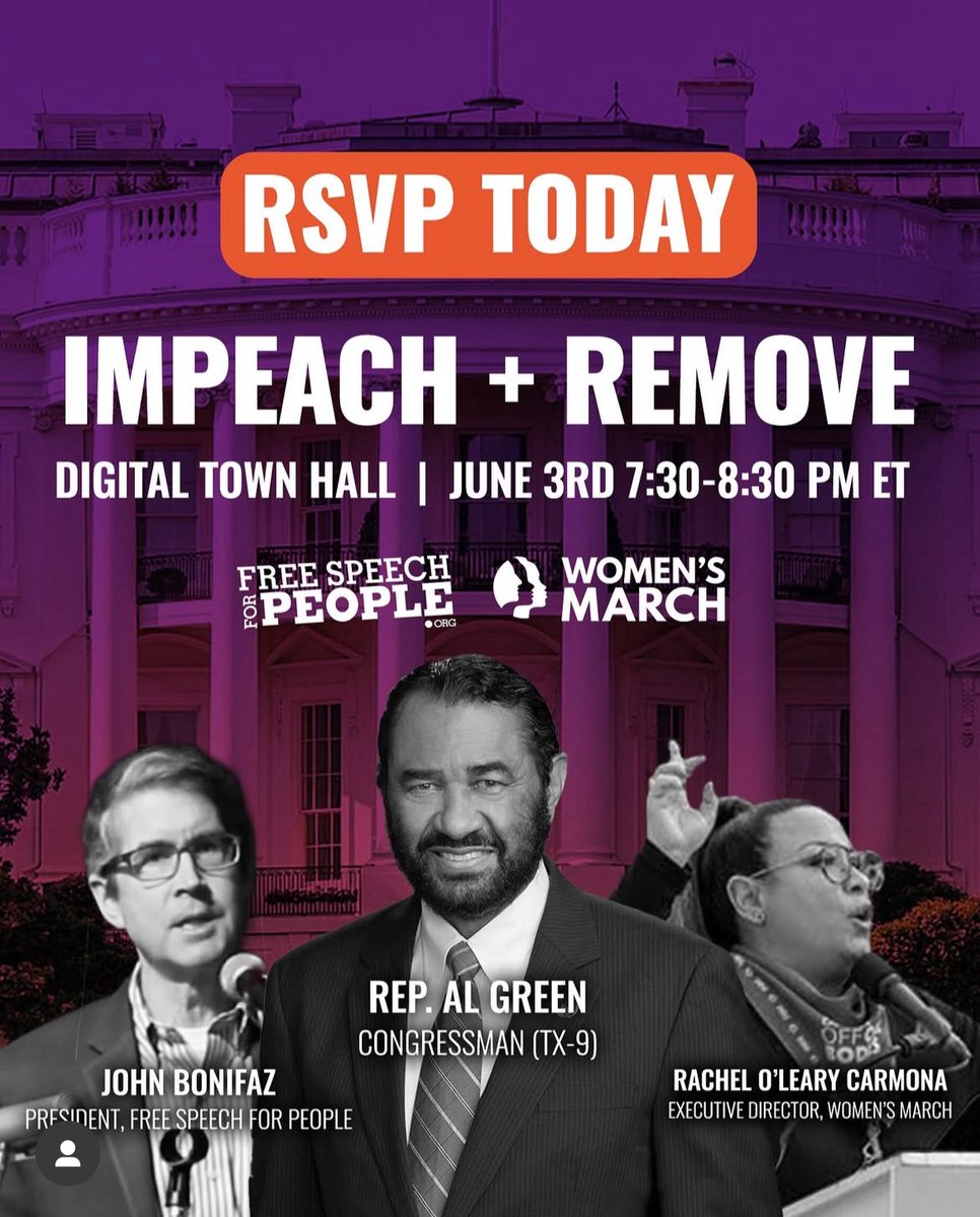 RepAlGreen's tweet image. Join me tomorrow at 7:30 p.m. ET as I speak at the Impeach and Remove Digital Town Hall with @FSFP and @womensmarch. I’m honored to join the conversation to demand accountability and protect our rights. RSVP today! #ImpeachTrump #WomensMarch #FreeSpeechForPeople