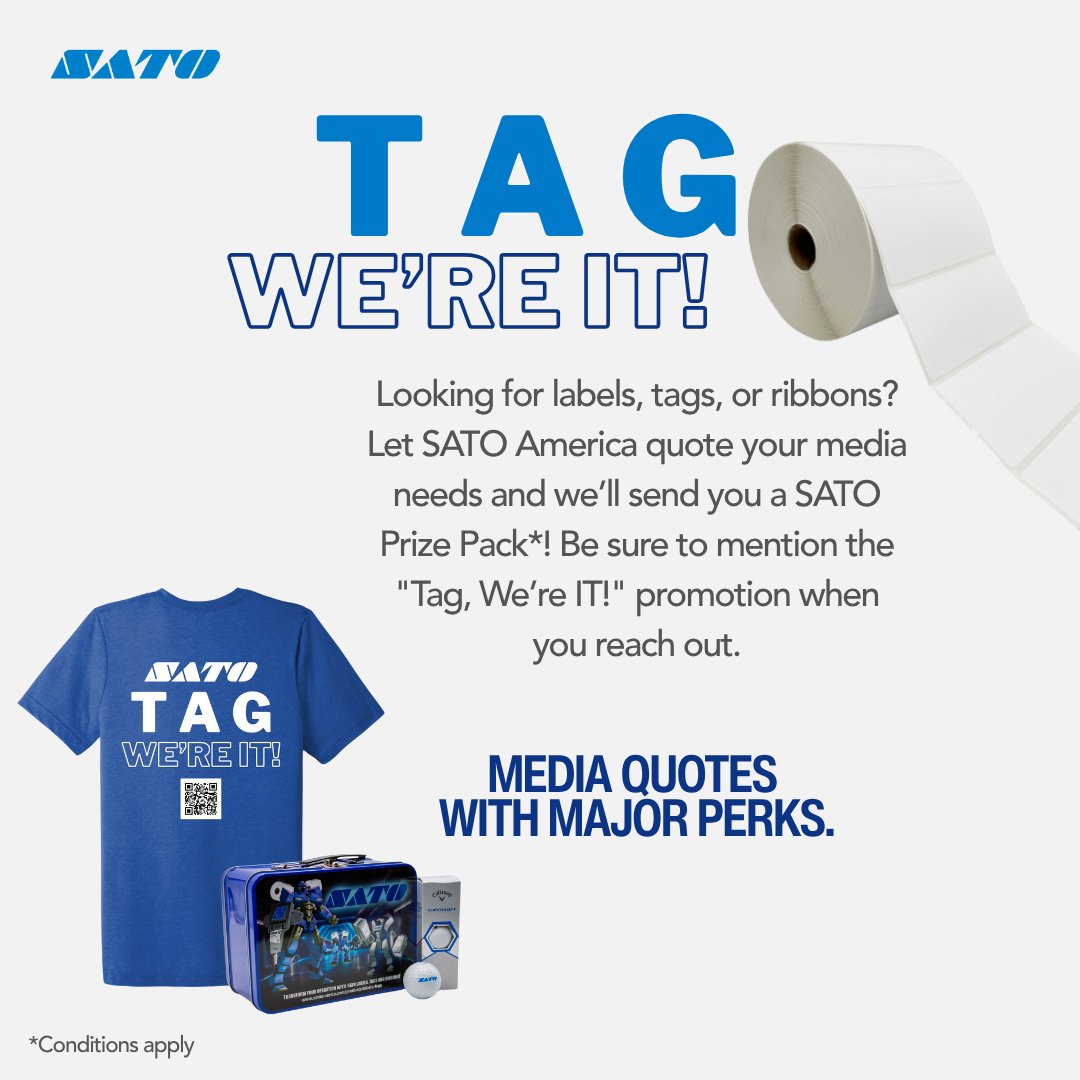🎉  TAG, We’re IT! — Get Quoted, Get Rewarded! Let SATO America quote your labels, tags, or ribbons, and receive a SATO Prize Pack. SATO is your go-to for labels, tags &amp; ribbons—standard or custom. Contact: sales-sal@sato-global.com. Mention the “TAG, We’re IT!”