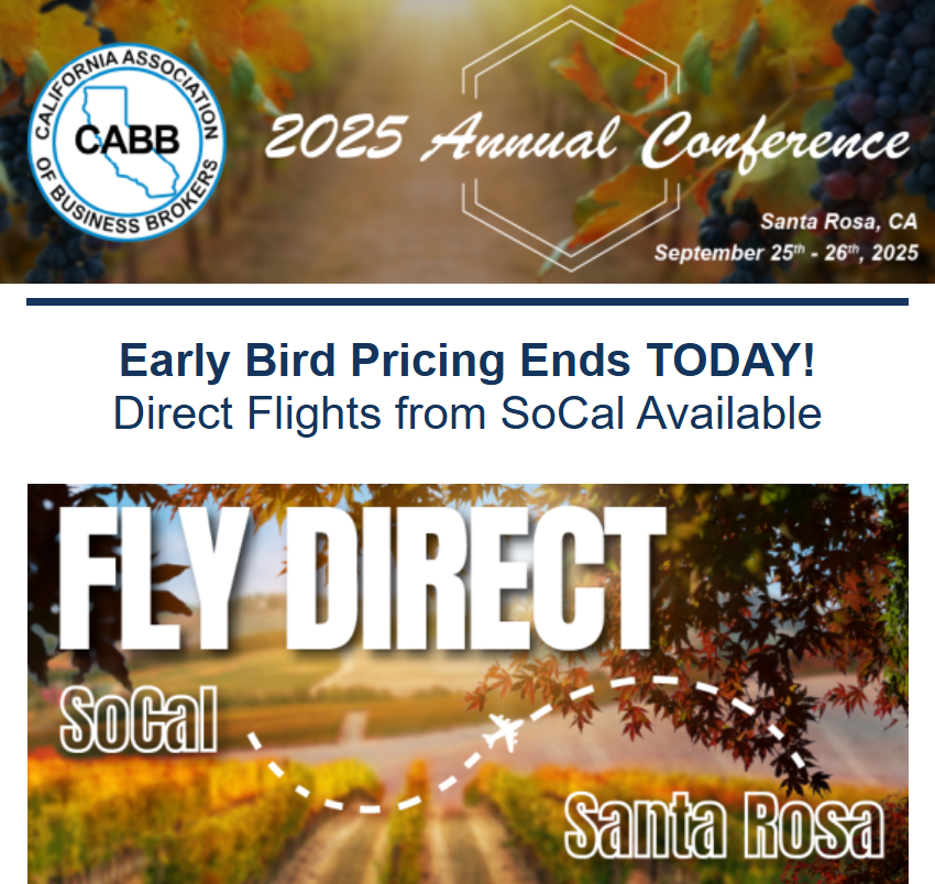 CABBorg's tweet photo. Be an Early Bird and Fly Direct! ✈️🍷 There are numerous direct flights from SoCal to Santa Rosa for our 2025 Annual Conference! Early Bird pricing ends TONIGHT, June 2nd! Register today at: https://t.co/vdymq5RKTB #CABB2025 #BusinessBrokers #NetworkingEvent #SantaRosaEvents https://t.co/62Ov9qidgu