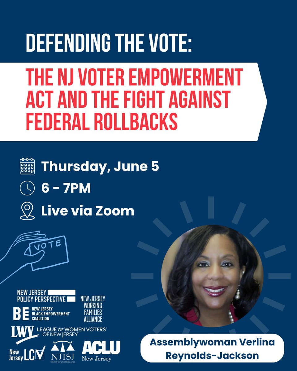 Alex “CTF for NJT” Ambrose (@alexfromnj) on Twitter photo The Supreme Court gutted the federal Voting Rights Act. Now, Congress is trying to pass a bill that will block MILLIONS of people from voting.
Join <a href="/NJLCV/">New Jersey LCV</a>, <a href="/ASWReyJackson/">Verlina Reynolds-Jackson</a> & more on June 5 at 6PM to discuss how NJ can lead on voting rights!
mobilize.us/njlcv/event/78… The Supreme Court gutted the federal Voting Rights Act. Now, Congress is trying to pass a bill that will block MILLIONS of people from voting.
Join <a href="/NJLCV/">New Jersey LCV</a>, <a href="/ASWReyJackson/">Verlina Reynolds-Jackson</a> & more on June 5 at 6PM to discuss how NJ can lead on voting rights!
mobilize.us/njlcv/event/78…