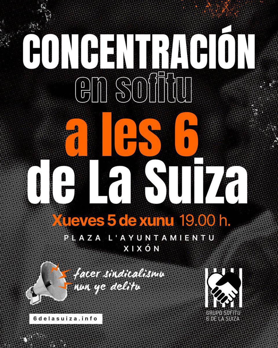 #Xixón , concentración el xueves a las 19.00h , Plaza del Ayuntamiento. 
#6DeLaSuiza
#Absolución 
#NoEstáisSolas #MuchasMásDe6 
#FacerSindicalismuNunYeDelitu. ✊🔻