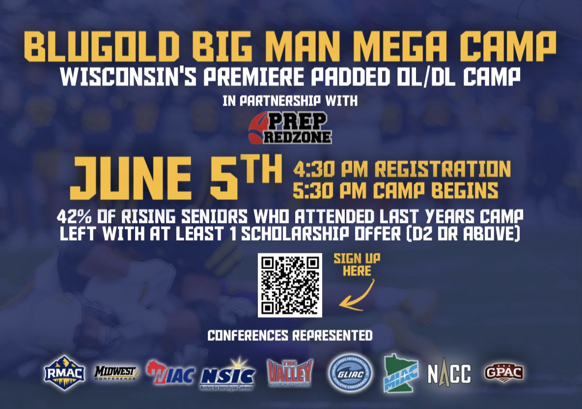 Brady Grayvold (@coachgrayvold) on Twitter photo Just took a look at the number of kids registered for Thursdays <a href="/UWECFootball/">Blugold Football</a> Big Man Camp and I’ve got to say…
There won’t be a better big man only camp in the upper Midwest.
The names on the list… 👀
Can’t wait to see them perform in the indoor! Just took a look at the number of kids registered for Thursdays <a href="/UWECFootball/">Blugold Football</a> Big Man Camp and I’ve got to say…
There won’t be a better big man only camp in the upper Midwest.
The names on the list… 👀
Can’t wait to see them perform in the indoor!