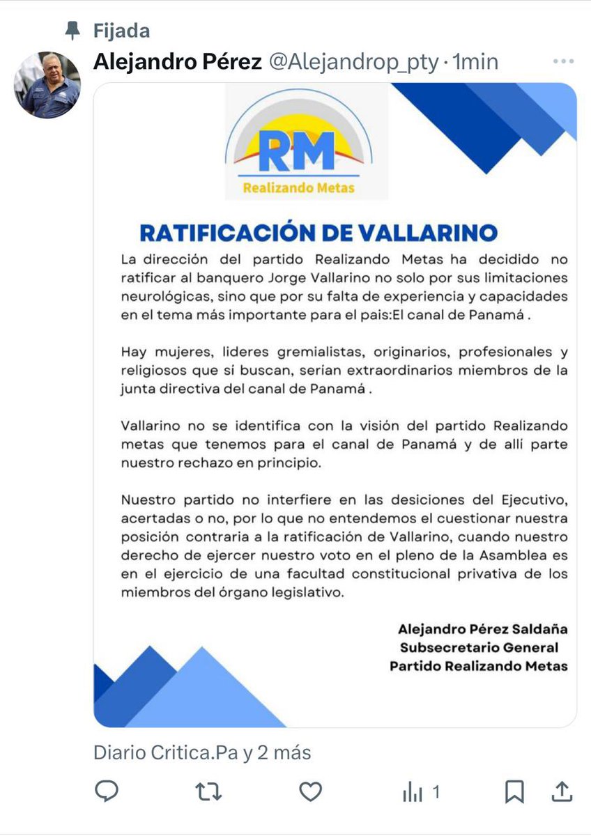 somosrmpa's tweet image. El partido Realizando Metas RM instruye a su bancada votar NO por la ratificación de Jorge Vallarino hijo como miembro de la Junta Directiva