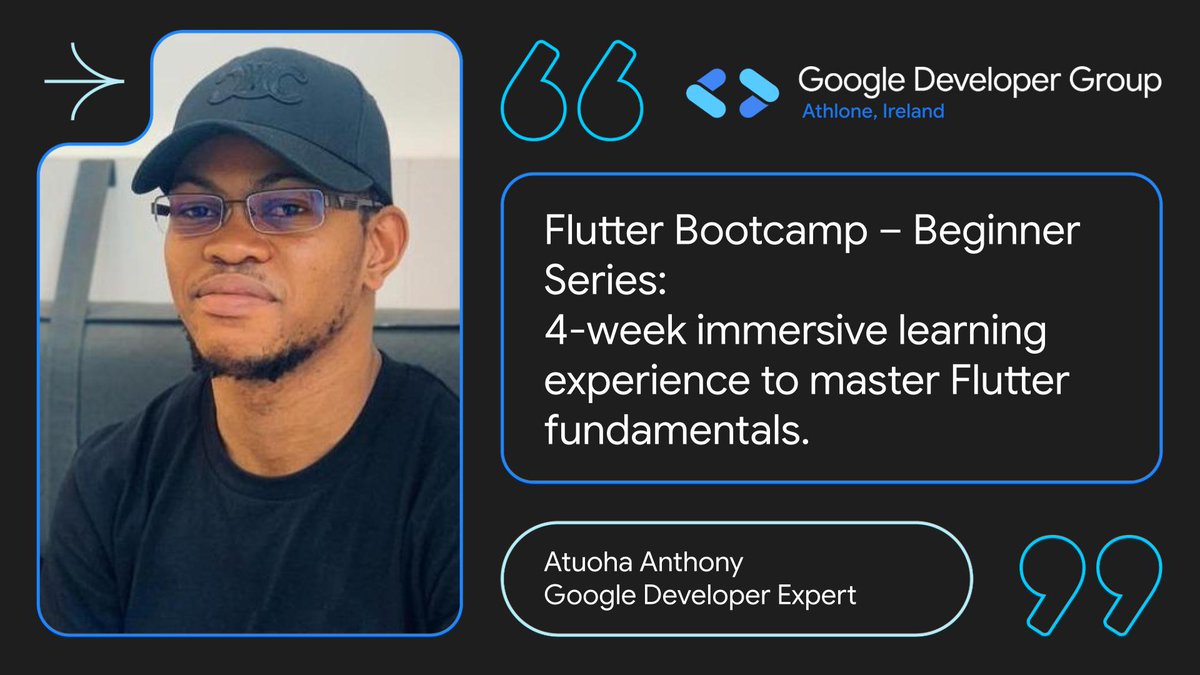 GdgAthlone's tweet image. 📣 Ready to build beautiful mobile apps?
Join our Flutter Bootcamp – Beginner Series this summer with GDE @AtuohaAnthony!
🔥 4 weeks
 🧠Hands-on learning
 📱Build real apps
Stay tuned – registration opens soon!
#Flutter #GDGAthlone #BuildWithFlutter #MobileDev #LearnToCode