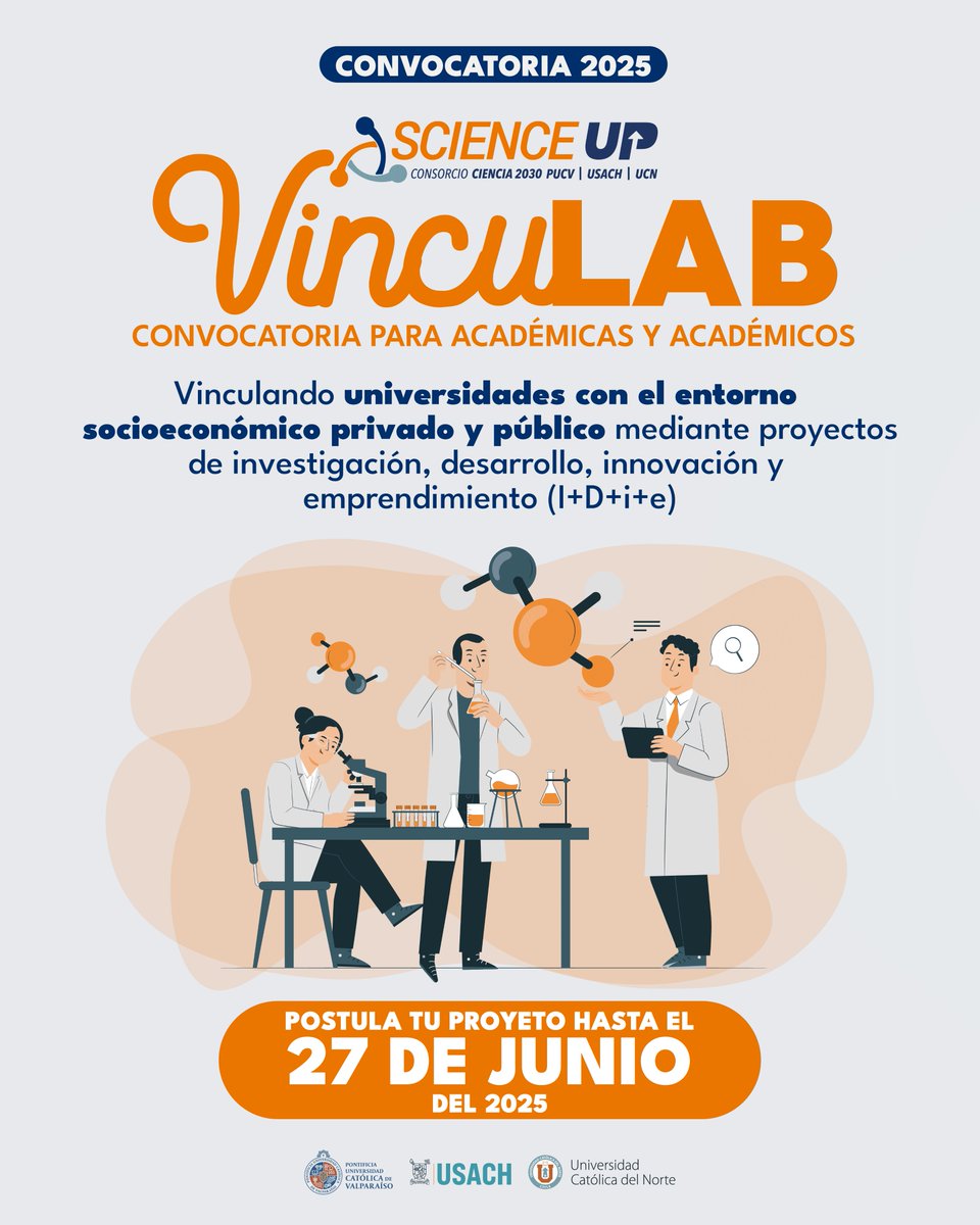 📢Convocatoria para académicos/as PUCV, UCN y Usach. 

👉Postula hasta el 27 de junio y obtén hasta 3 millones pesos de financiamiento📲2ly.link/27SMo

#scienceup #ciencia2030