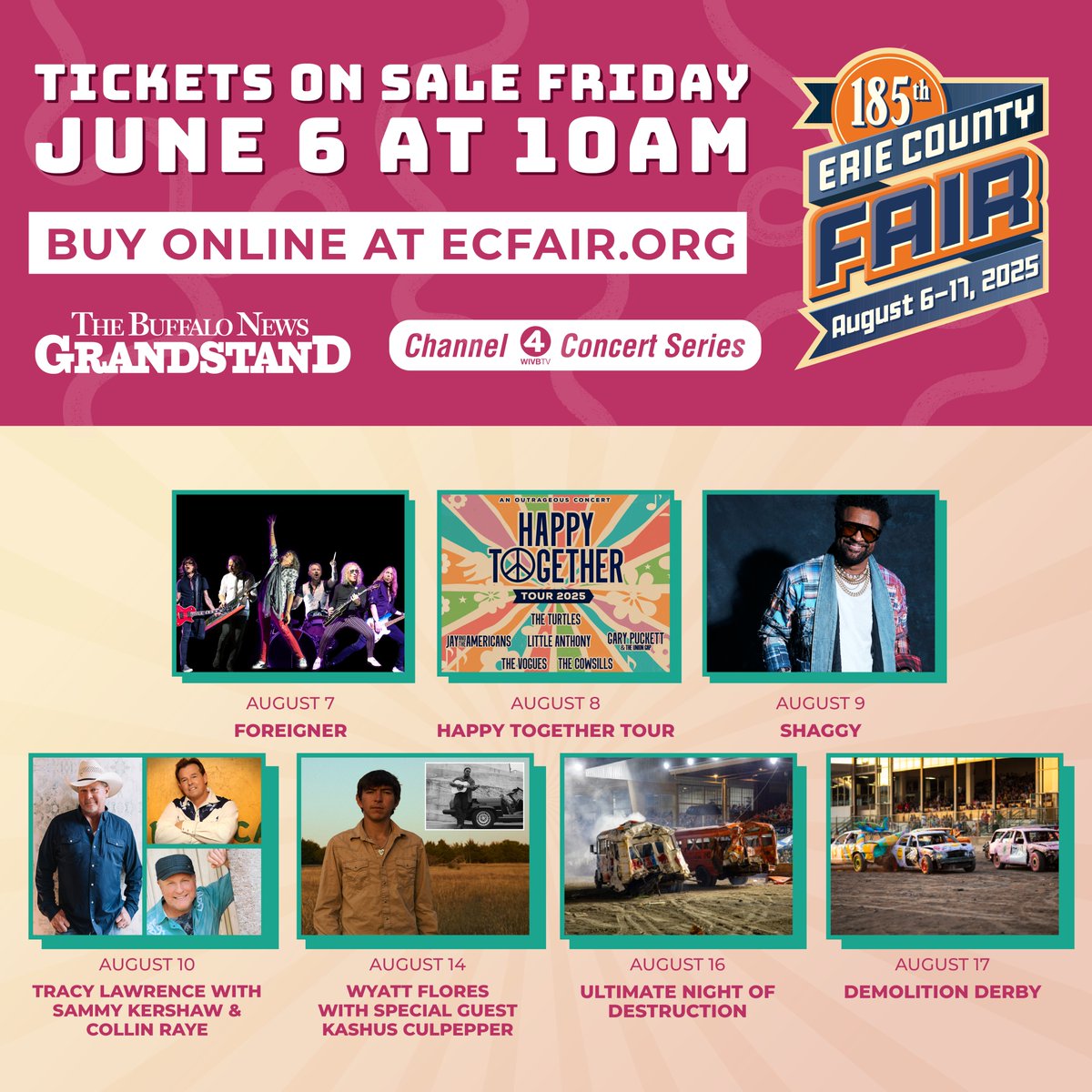 🎟 Tickets for the 2025 Erie County Fair Grandstand shows go on sale THIS FRIDAY at 10AM at ECFair.org!

Catch unforgettable performances from:
🎸 Foreigner (Aug. 7)
🌈 Happy Together Tour (Aug. 8)
🎤 Shaggy (Aug. 9)
🤠 Tracy Lawrence with Sammy Kershaw &amp; Collin Raye