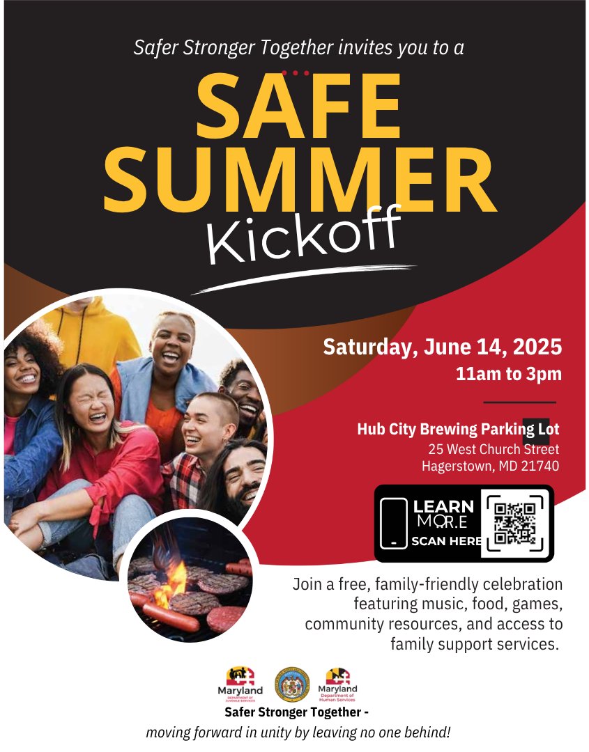MarylandDJS's tweet image. Safer Stronger Together invites you to a #SAFESUMMER Kickoff. Join a free, family-friendly celebration!
📅Saturday, June 14, 2025. 11:00 a.m. - 3:00 p.m. 
Hub City Brewing Parking Lot. 
25 West Church Street. Hagerstown, MD 21740
#DJS #CommunityServices #FamilySupportServices