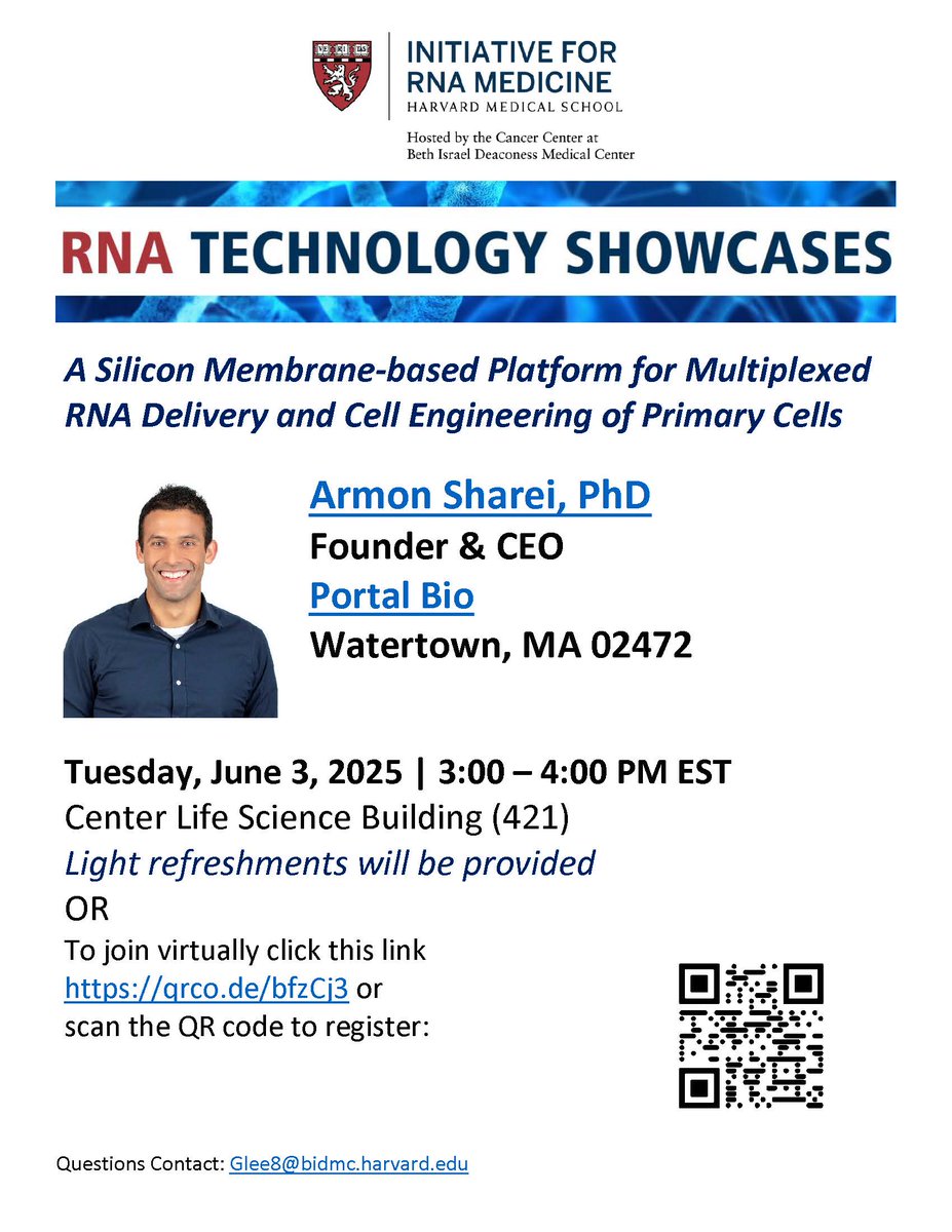 irmdirector's tweet photo. Don’t forget to tune TOMORROW, Tuesday, June 3 at 3 PM EST to hear Armon Sharei, PhD from Portal Bio

“A Silicon Membrane-based Platform for Multiplexed RNA Delivery and Cell Engineering of Primary Cells”

To register click this link: https://t.co/9SVvu2kvL1

#RNA #RNAMedicine https://t.co/FDUjOOfpij