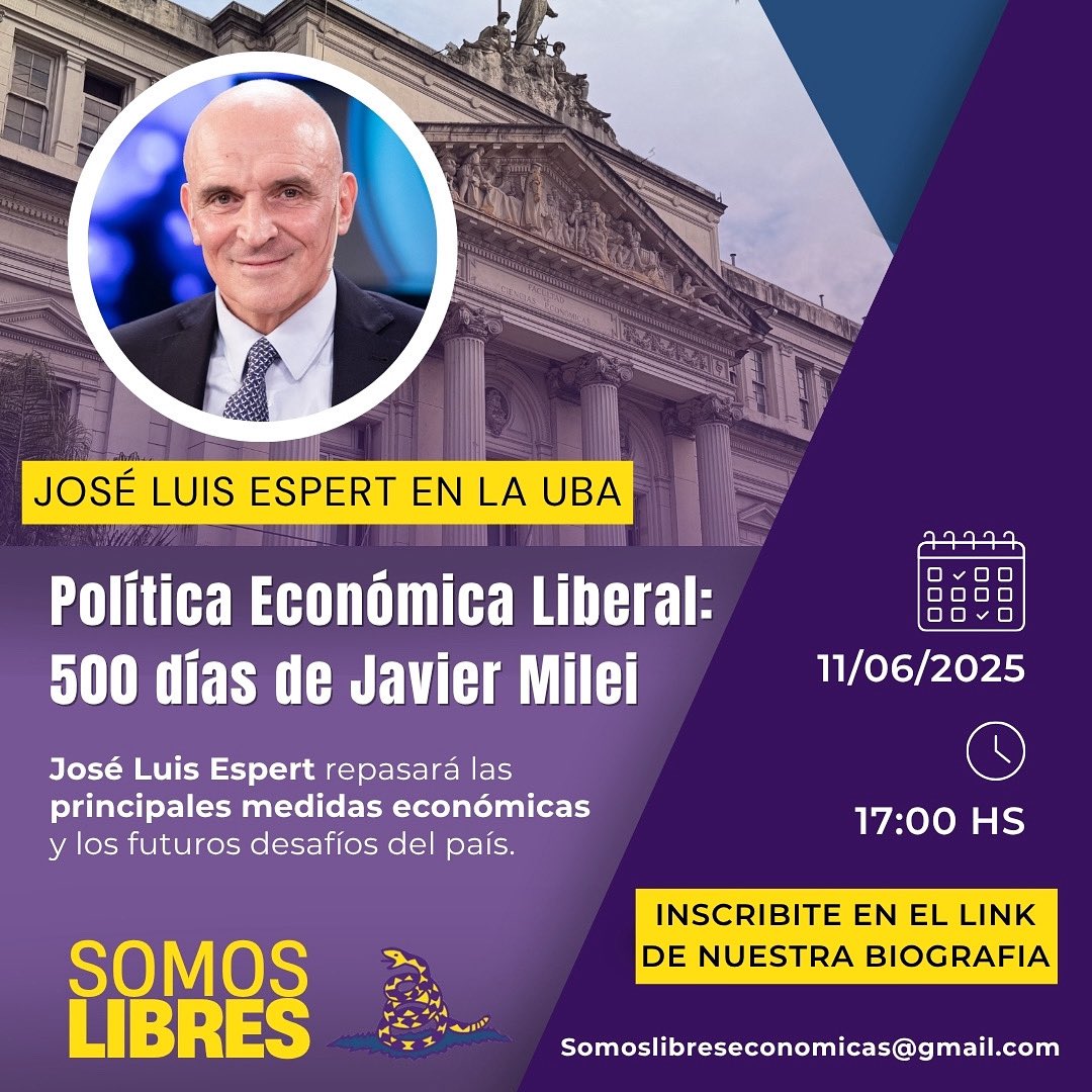 Se viene José Luis Espert a la UBA. 

Las ideas de la libertad van a inundar la cueva keynesiana y vamos a hacer grande el país otra vez.

<a href="/jlespert/">José Luis Espert</a> <a href="/JMilei/">Javier Milei</a>