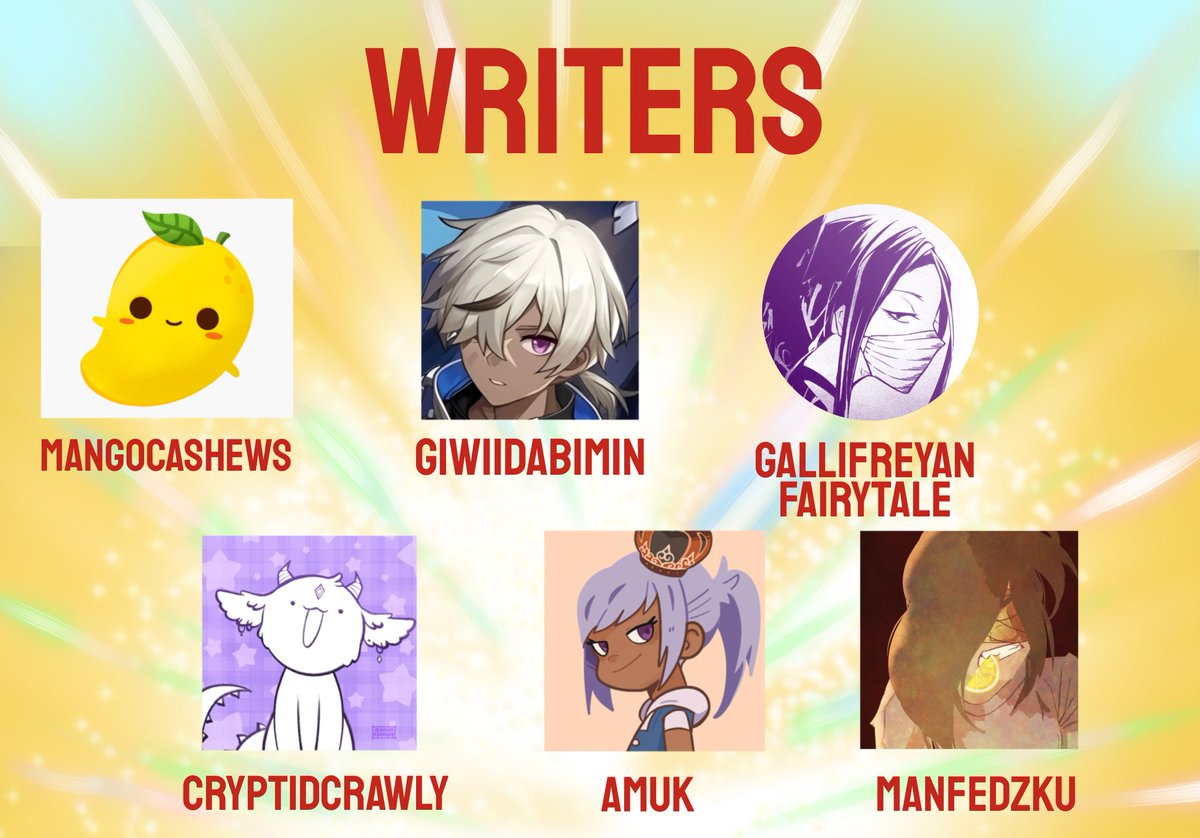 TheAllMightZine's tweet photo. 🌟 CONTRIBUTOR LINEUP 🌟

Writers:
@mangocashews 
@/giwiidabimin (Ao3)
@zukkaoru 
@cryptidcrawly 
@amukWrites 
@Manfedzku https://t.co/UzdKvpN4cZ