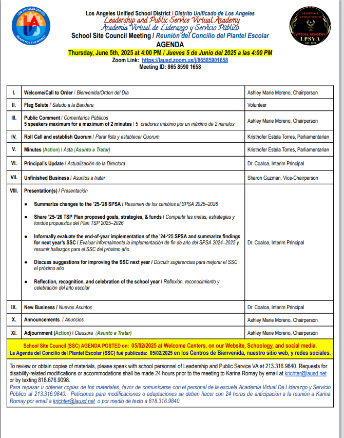 SLPSVA's tweet photo. School Site Council Meeting / Reunión del Concilio del Plantel Escolar AGENDA Thursday, June 5th, 2025 at 4:00 PM / Jueves 5 de Junio del 2025 a las 4:00 PM Zoom Link: https://t.co/0p1eTqQpgG Meeting ID: 865 8590 1658 https://t.co/CltjE8TTdm