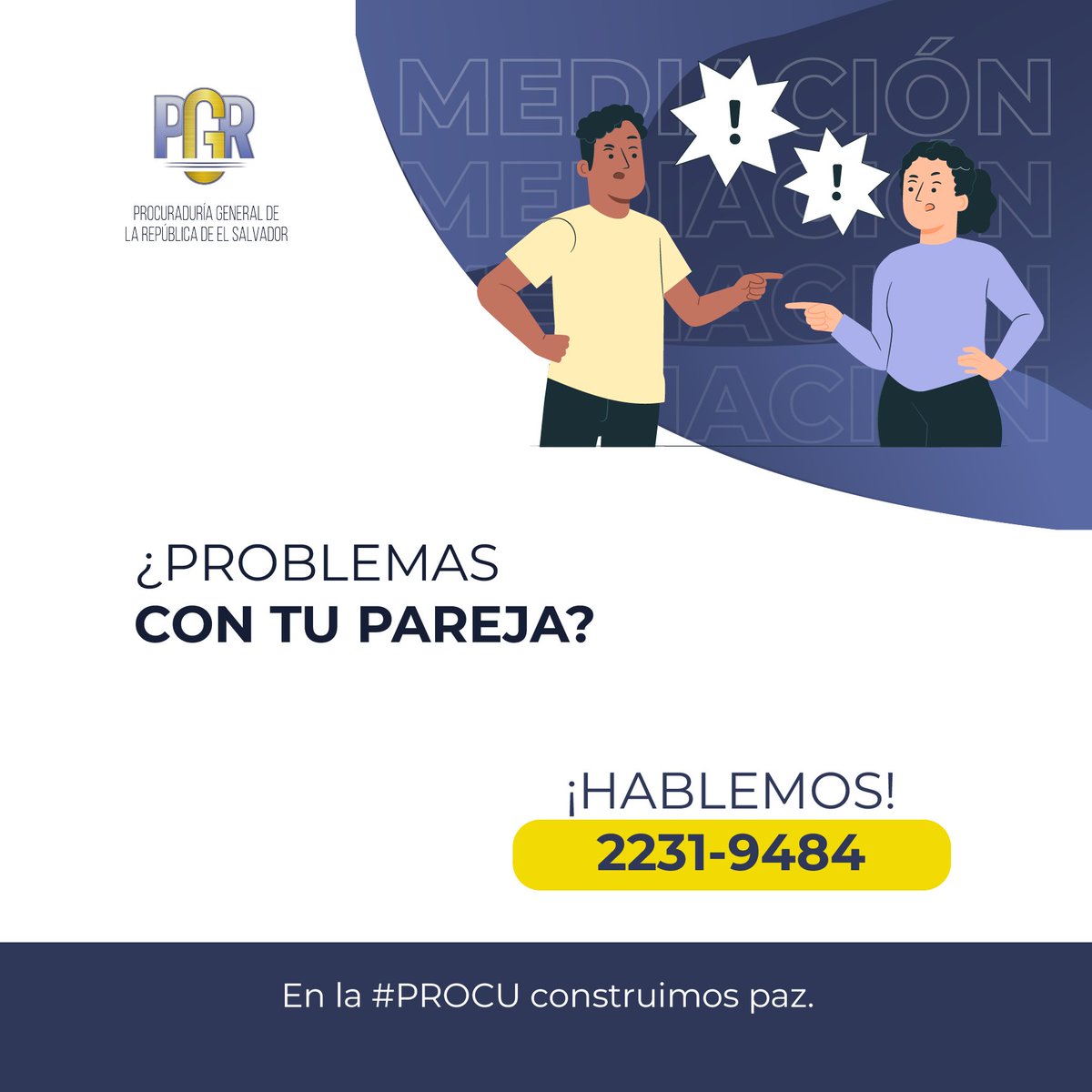 PGR_SV's tweet photo. ¿Tienes un conflicto FAMILIAR y no sabes cómo resolverlo? ¡HABLEMOS!, visítanos en la Unidad de #MEDIACIÓN de la #PROCU más cercana a tu domicilio o llámanos a nuestro Centro de Atención Virtual CAVAL al: 2231-9484 https://t.co/zjMMbm4F1d