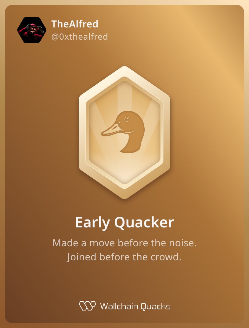 TheAlfred (@0xthealfred) on Twitter photo Just unlocked the Early Quacker on <a href="/wallchain_xyz/">Wallchain Quacks</a> 🏆
Those who want to be an early bird can ask me for a code in the comments. Just unlocked the Early Quacker on <a href="/wallchain_xyz/">Wallchain Quacks</a> 🏆
Those who want to be an early bird can ask me for a code in the comments.