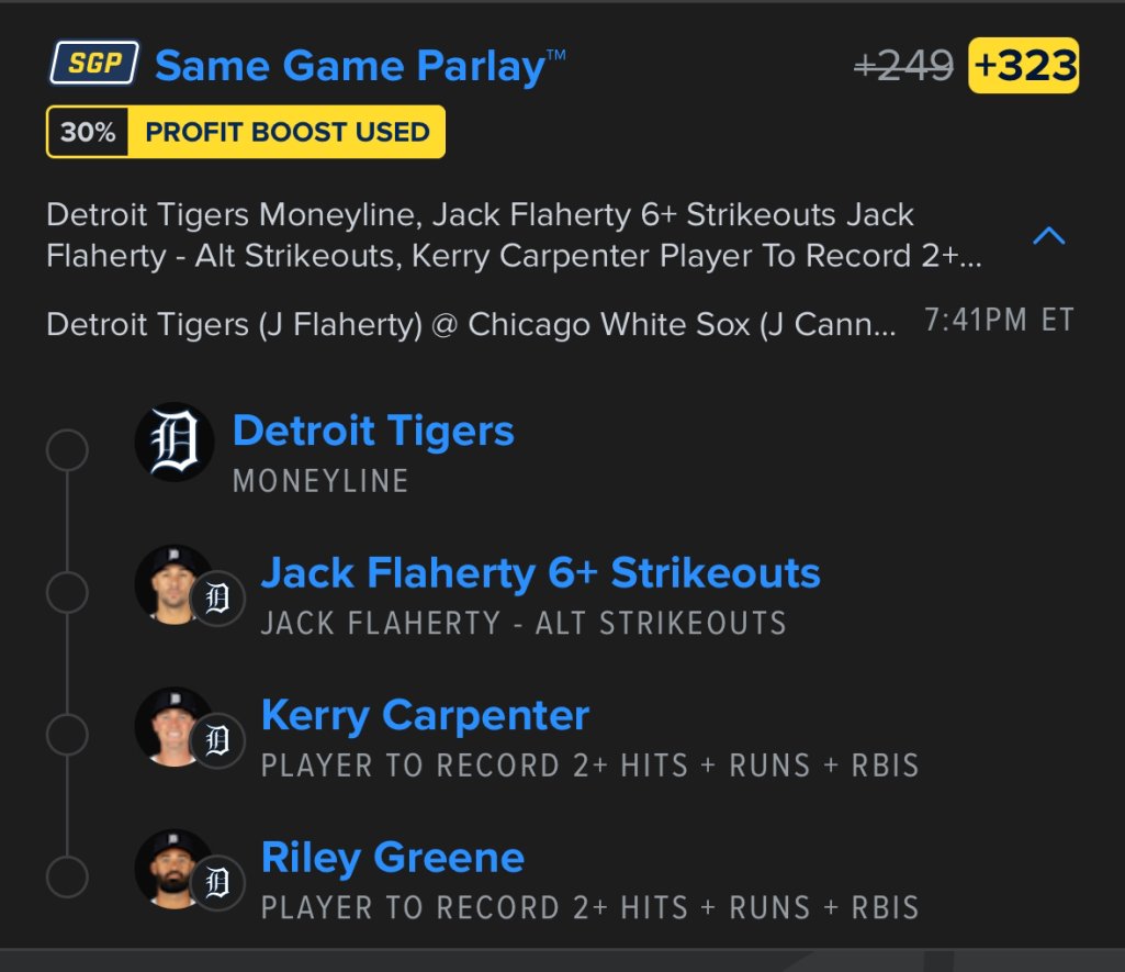 FD 30% Profit Boost - Tigers Stack (+323) 🐯⚾️

⭐️HR Lotto Next

Like this correlated stack play, think the Tigers run wild and Flaherty continues to show his + K upside. 

#MLBPicks #GamblingX