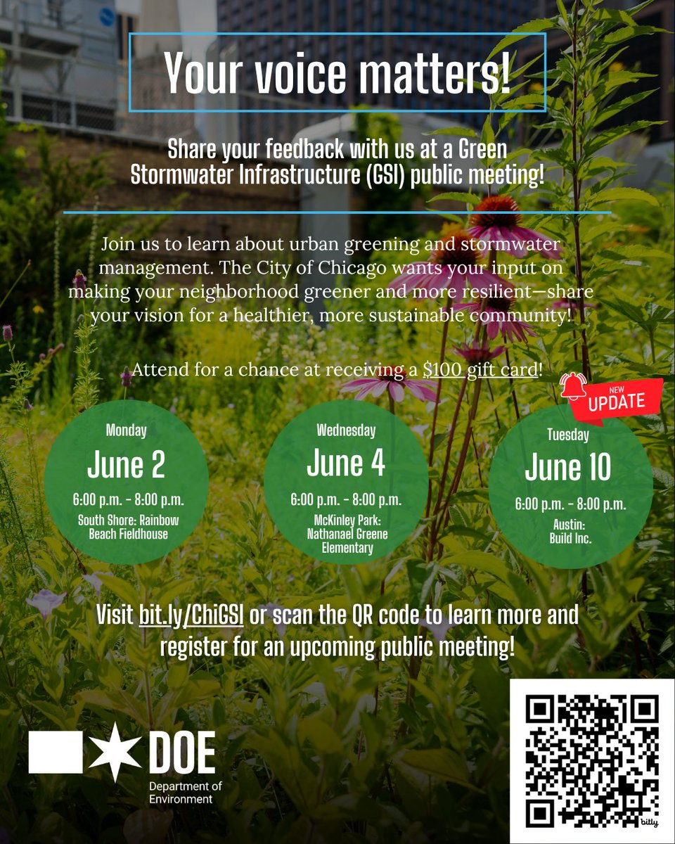 ChicagoDOE's tweet image. Reminder: join us tonight (6/2), Wednesday (6/4), or next Tuesday (6/10) to weigh in on how green infrastructure could help your neighborhood! For the June 4th event, Spanish interpretation will be provided. Learn more here: eventbrite.com/cc/chicago-dep…