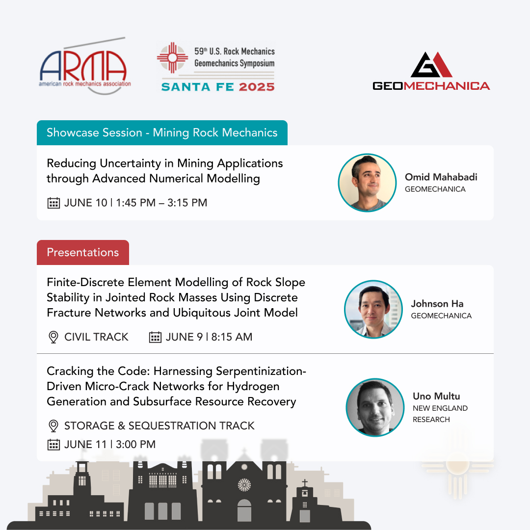 #Geomechanica is attending #ARMA’s US Rock Mechanics/Geomechanics Symposium in Santa Fe, NM from Jun 8-11! We will be presenting an invited talk in the Mining Showcase Session, a paper in the Civil Track &amp; we are co-authors on a talk by Dr. Mutlu of NER.
shorturl.at/VoyPw