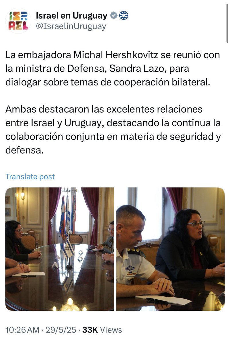 leosarro's tweet photo. "Por la sensibilidad que el tema tenía yo no tomé esa fotografía -con la embajadora de Israel- por lo tanto no hice ningún tipo de publicación" dijo la Ministra de Defensa Sandra Lazo,  que relató que no difundió el encuentro del 19 de mayo, porque existe un trasfondo político “muy complejo”, y dio a entender que por esa razón no se tomó la fotografía protocolar al comienzo de la cita. En ese sentido, consideró que esta reunión diplomática con la embajadora de Israel, Michal Hershkovitz podía "herir susceptibilidades” políticas. 
Lazo se desmarcó del tweet que publicó la embajada de Israel, e informo que  dijo a la embajadora que la situación en Gaza se trata de “un conflicto totalmente asimétrico”, con el que el gobierno no concuerda. (M24)