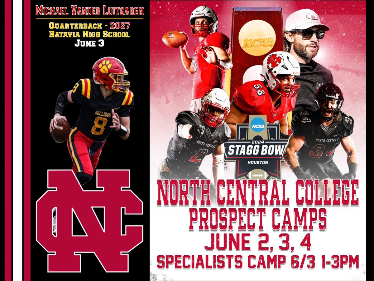 I will be at the <a href="/football_ncc/">NCC Football</a> Prospect camp tomorrow, 
June 3rd. 

<a href="/BataviaFootball/">Batavia Football</a> <a href="/CoachAnderson14/">Sean Anderson</a> <a href="/FB_Coach_C/">Coach Colamatteo</a> <a href="/CoachKolowski/">Adam Kolowski</a> <a href="/EDGYTIM/">Timothy “EDGYTIM” OHalloran</a> <a href="/PrepRedzoneIL/">Prep Redzone Illinois</a> <a href="/QBHitList/">QBHitList.com</a> <a href="/mfarrellsports/">Mike Farrell</a> <a href="/CoachBigPete/">Peter "Coach Big Pete" Leinweber</a> <a href="/AllenTrieu/">Allen Trieu</a>