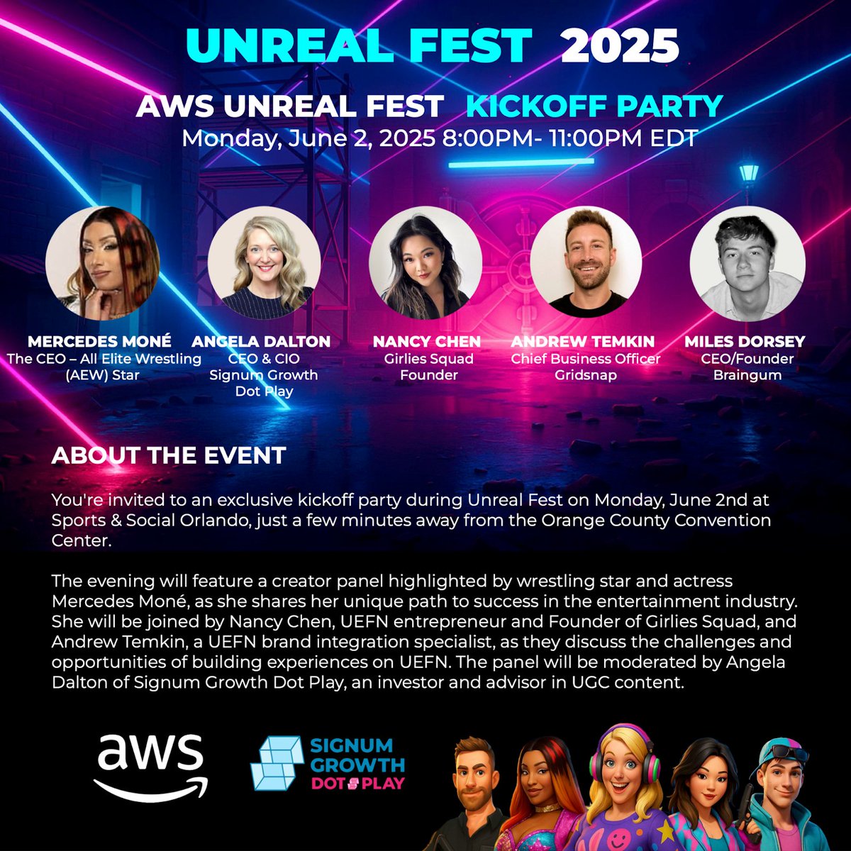 daltonan's tweet photo. Tonight! Excited to co-host the AWS Unreal Fest (@EpicGames) Kick Off Party in Orlando! Our creator panel will spotlight wrestling star and actress @MercedesVarnado (The CEO) as she shares her unique path to success in the entertainment industry. She will be joined by Nancy Chen, Founder of Girlies Squad, a Fortnite success story, and Andrew Temkin, a UEFN brand integration specialist, as they discuss the challenges and opportunities of building fun!  
Miles Dorsey, Founder of Braingum (and our unofficial @polkadot Ambassador😃) will be on site too! We can't wait for all of the surprises that will come in Orlando this week!🎮👾🤖