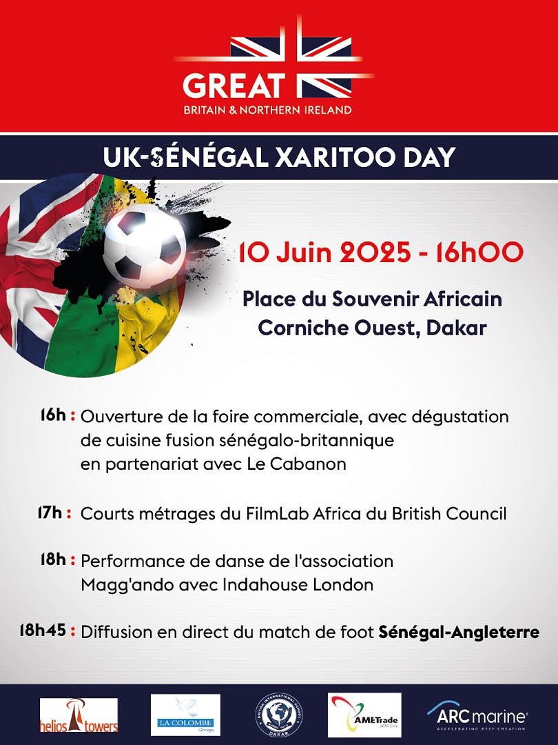 UKinSenegal's tweet photo. 📢 📢 📢 Coup d’envoi officiel du 🇬🇧🇸🇳 #XaritooDay

Rejoignez-nous le 10 juin pour une célébration de l’amitié forte entre le Royaume-Uni et le Sénégal.
Entrée libre pour regarder le match Sénégal-Angleterre et beaucoup plus !

#XaritooDay #SeeThingsDifferently https://t.co/ZvA2dhDeZm