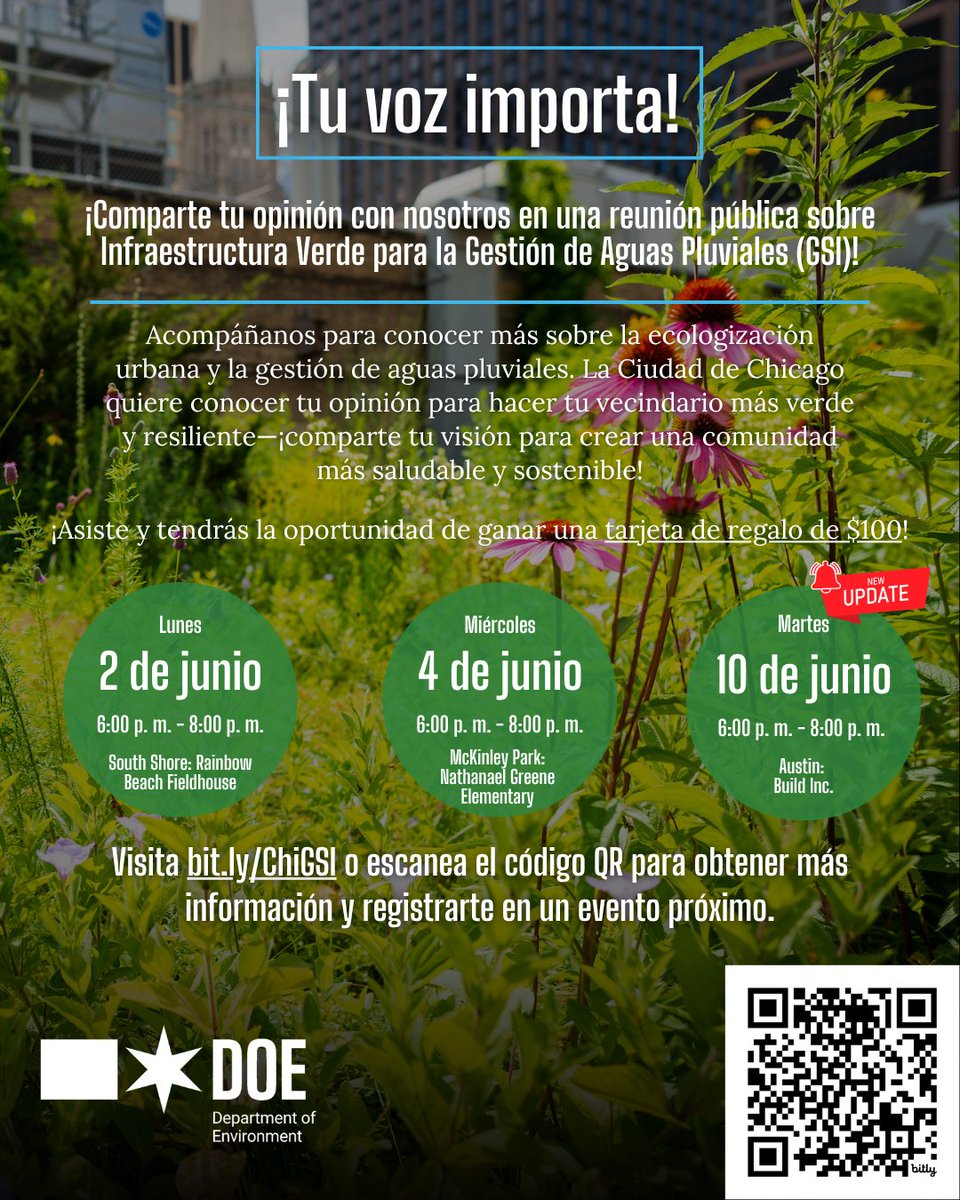 ChicagoDOE's tweet image. Únete a nosotros esta noche (2 de junio), el miércoles (4 de junio) o el próximo martes (10 de junio) para contarnos cómo crees que la infraestructura verde podría ayudar a tu vecindario. El 4 de junio habrá interpretación en español. Más información aquí: eventbrite.com/cc/chicago-dep…