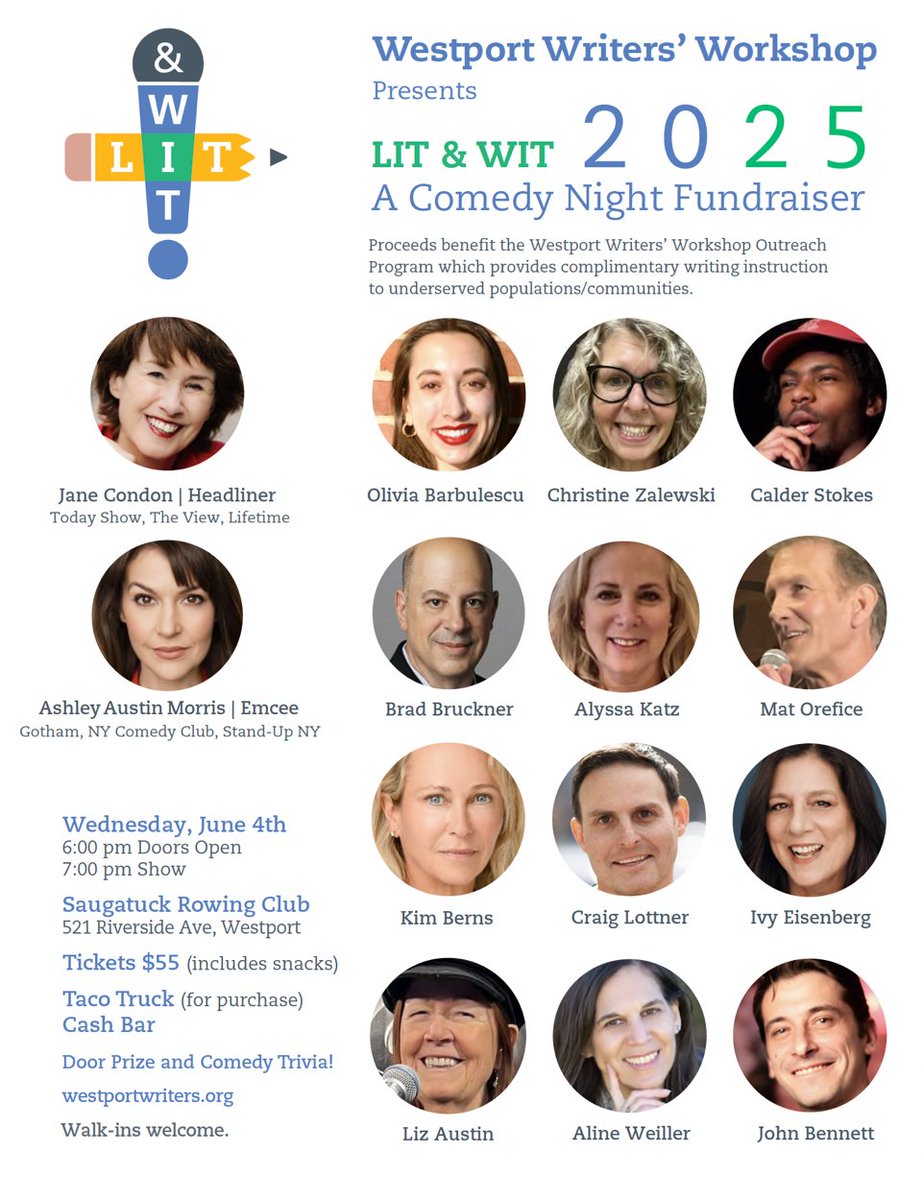 Lit &amp; Wit Comedy Fundraiser THIS Wednesday on 6/4 <a href="/SaugatuckRowing/">Saugatuck</a> in Westport. Raising funds for <a href="/WestportWriters/">Westport Writers' Workshop</a>' outreach program. Headlined by <a href="/janecondon/">Jane Condon</a>. Tacos &amp; a stellar stand-up line-up! Tickets still available! Doors open at 6; show at 7. #westport #comedy #Charity