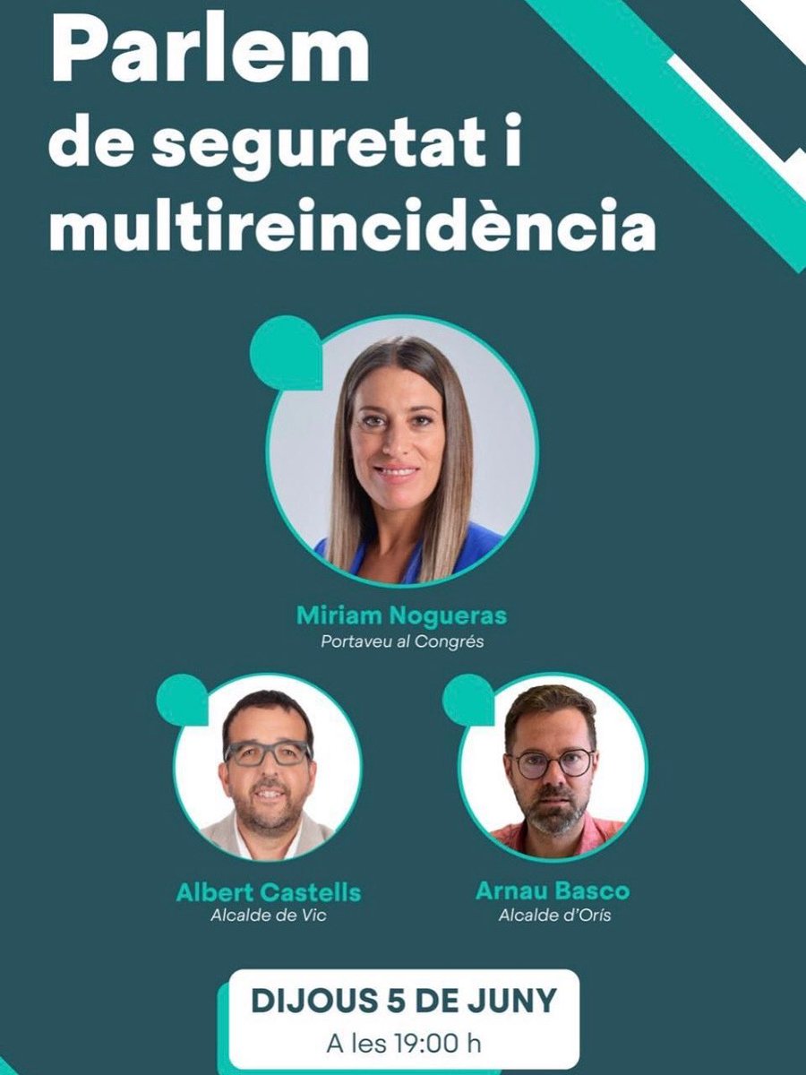 Vine dijous a parlar d’un tema que preocupa a torhom:  la seguretat i la multireincidència.

🗣️ Amb :
👉 Míriam Nogueras – Portaveu de Junts al Congrés 
👉 Albert Castells – Alcalde de Vic
👉 Arnau Basco – Alcalde d’Orís

T’hi esperem!

📍19h Biblioteca Pilarin Bayés de Vic.