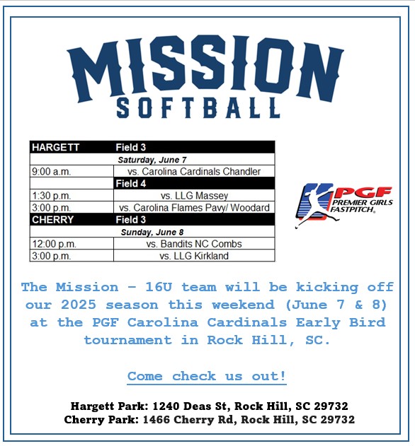 Mission Softball - Parnell (@missionparnell) on Twitter photo The Mission team is heading to Rock Hill, SC this weekend to kick off our 2025 season.
Come check us out!
<a href="/CoastRecruitsSB/">Coast Recruits 🥎</a>
<a href="/ConnectSports_/">Connect Sports</a>
<a href="/ExtraInningSB/">EXTRA INNING SOFTBALL</a>
<a href="/SoftballDown/">Down South Softball</a>
<a href="/SBRRetweets/">Softball Recruiting Reposts</a> The Mission team is heading to Rock Hill, SC this weekend to kick off our 2025 season.
Come check us out!
<a href="/CoastRecruitsSB/">Coast Recruits 🥎</a>
<a href="/ConnectSports_/">Connect Sports</a>
<a href="/ExtraInningSB/">EXTRA INNING SOFTBALL</a>
<a href="/SoftballDown/">Down South Softball</a>
<a href="/SBRRetweets/">Softball Recruiting Reposts</a>