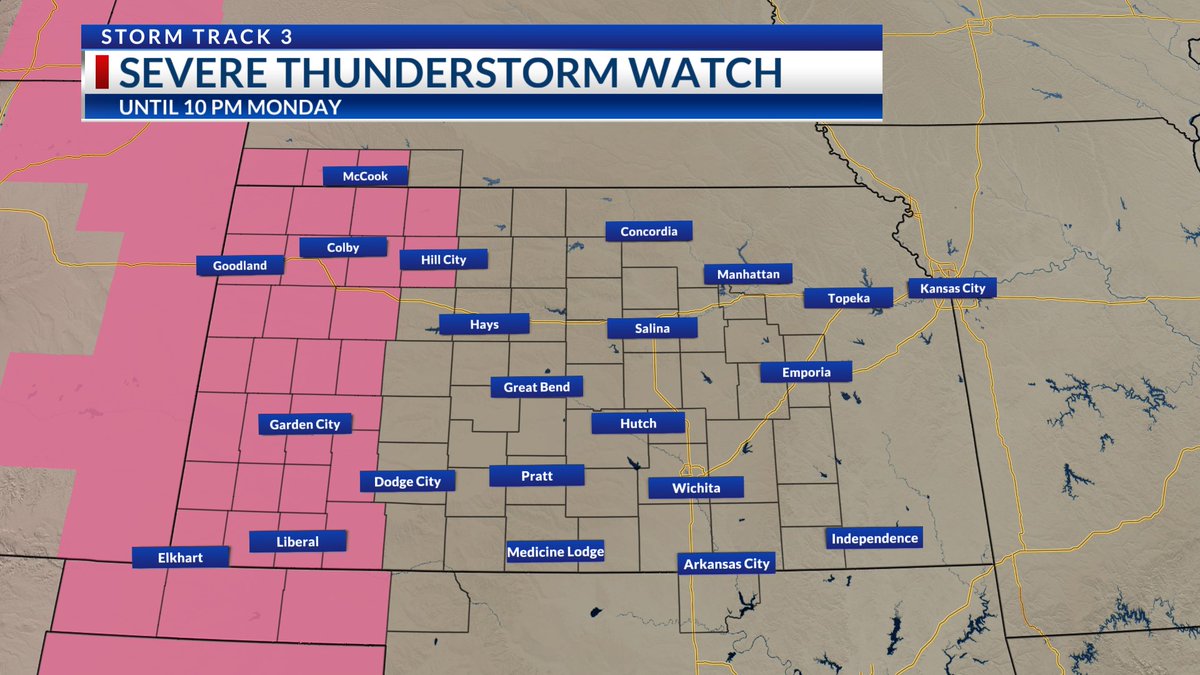 NEW - SEVERE THUNDERSTORM WATCH 3:47 PM (6-2-25):  Western Kansas and most of our Southwest Nebraska counties are under a new SEVERE THUNDERSTORM WATCH until 10 PM.  Please be weather aware for damaging winds, large hail and a tornado or two.  

Stay connected with <a href="/KSNNews/">KSN News Wichita</a>