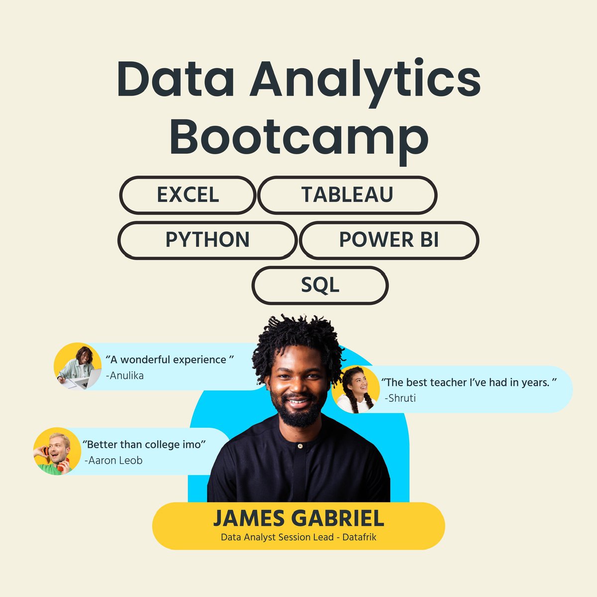 Day 1 of Data Analytics Bootcamp. Bookmark this tweet for subsequent days. 

I’m giving this class out for FREE. 

We covered the scope and concept of Data Analytics. 

Tools and Processes. 

Link to watch: drive.google.com/file/d/1c_VA43…

Kindly like and retweet.