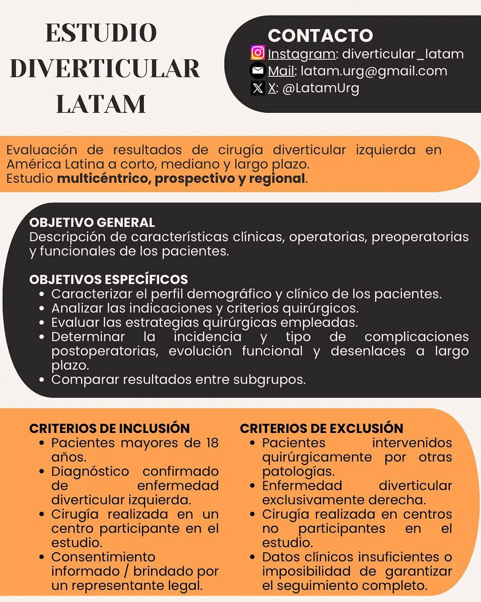 ¡Comenzamos con el estudio 🚀DIVERTICULAR LATAM!

Estudio prospectivo de resultados clínicos y funcionales (a corto, mediano y largo plazo) en pacientes operados por Enfermedad Diverticular izquierda en América Latina.